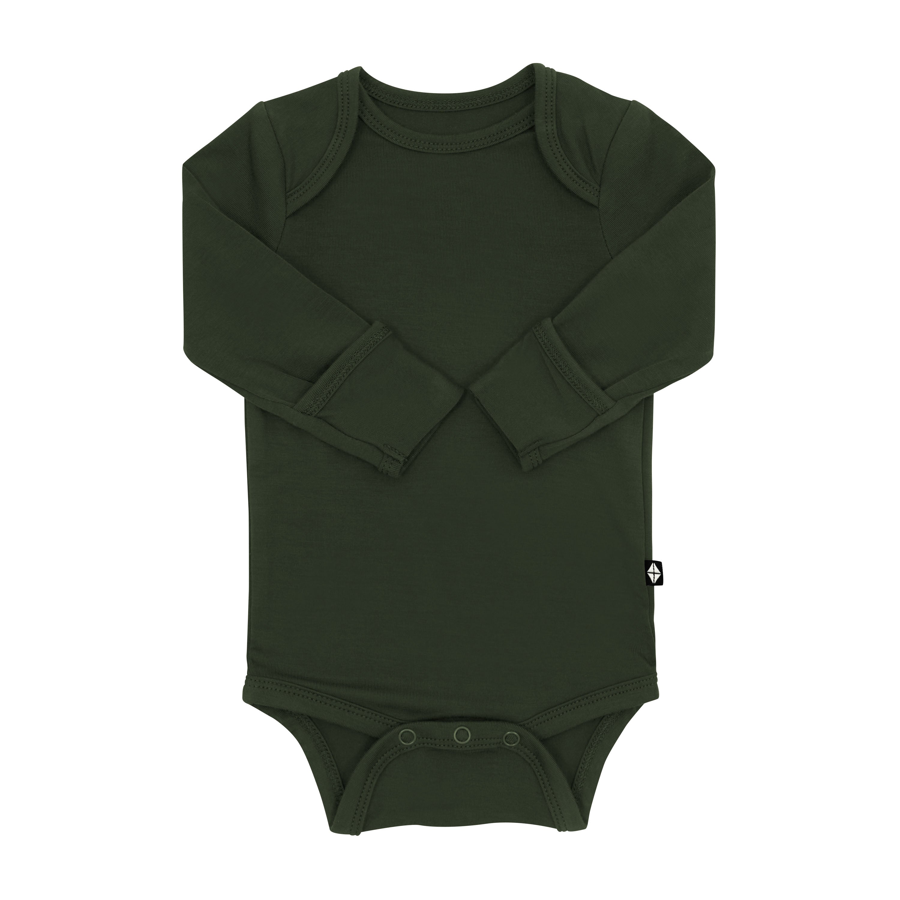 Long Sleeve Bodysuit in Fir with the arms folded inwards showing the fold over hand cuffs