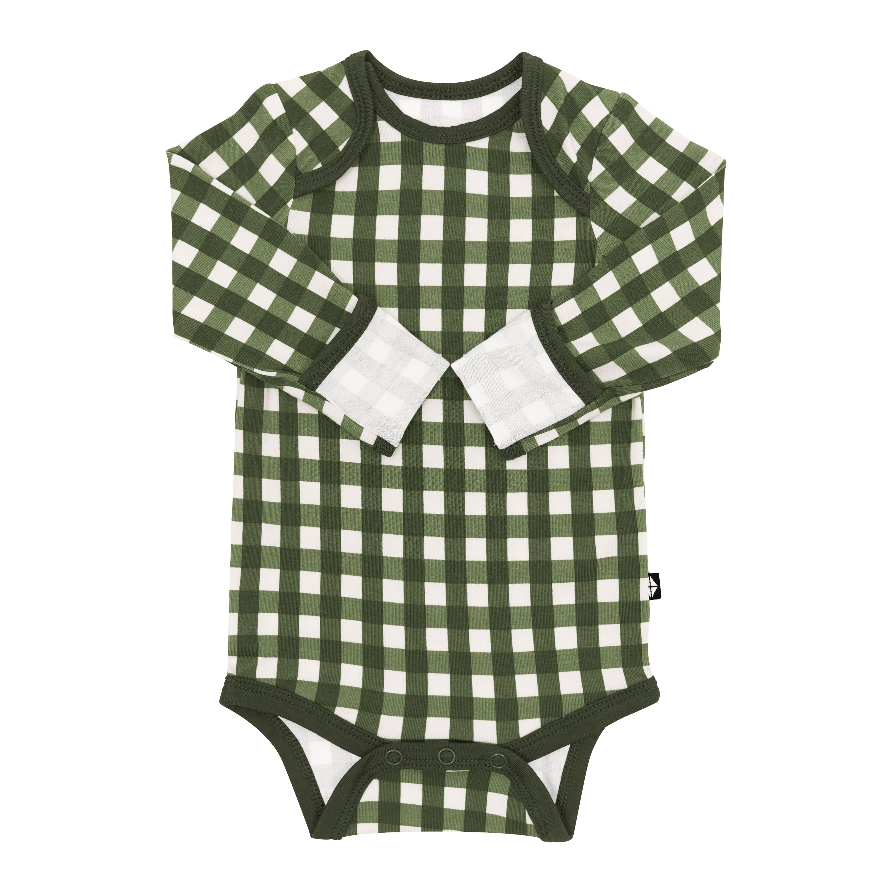 Product photo of the Long Sleeve Bodysuit in Gingham Fir with the arms folded inwards with the fold over hand cuffs visibe