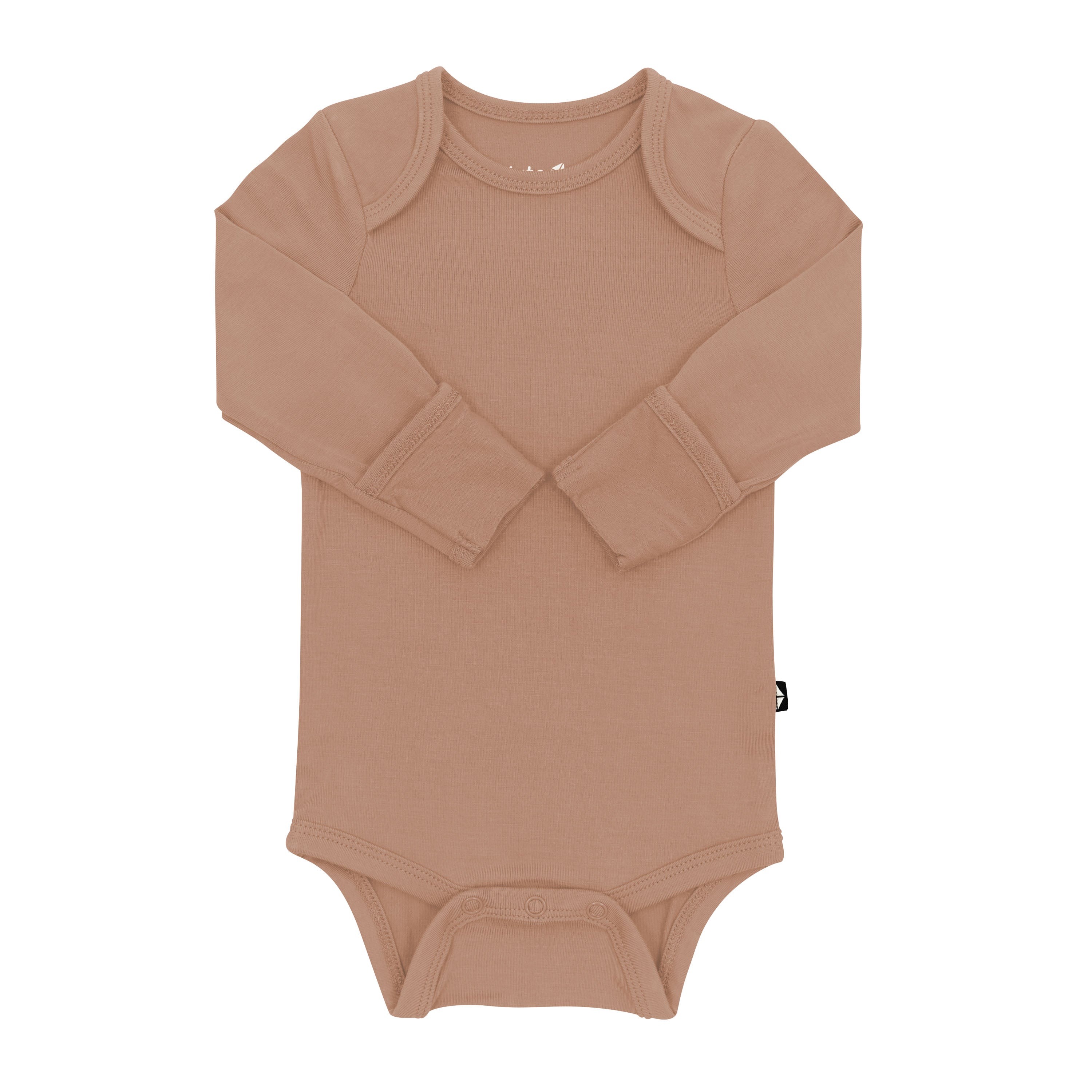 Long Sleeve Bodysuit in Latte with the arms folded inwards showing the fold over hand cuffs