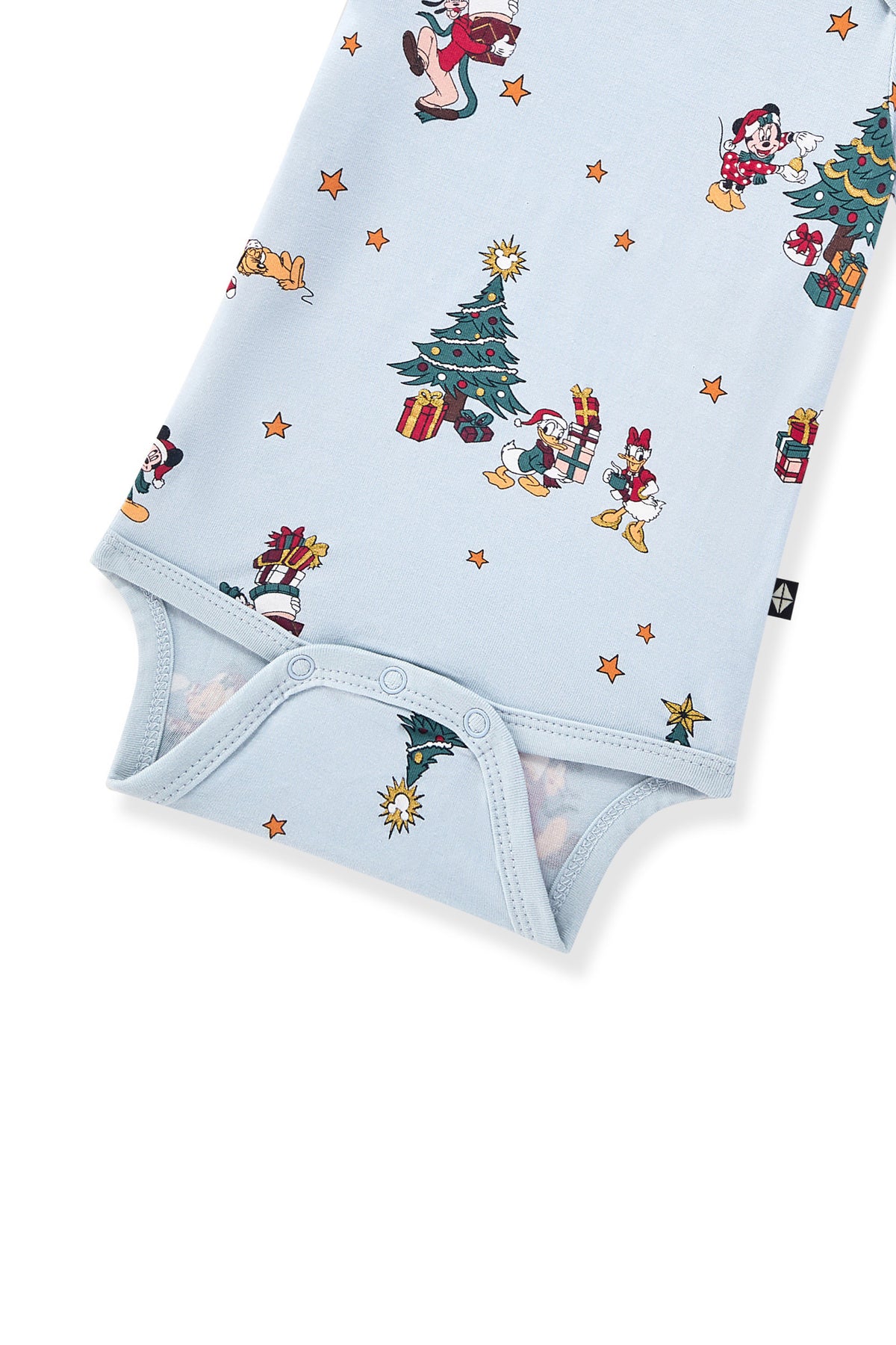 Long Sleeve Bodysuit in Mickey & Friends Christmas print with snap buttons on the bottom on a white background