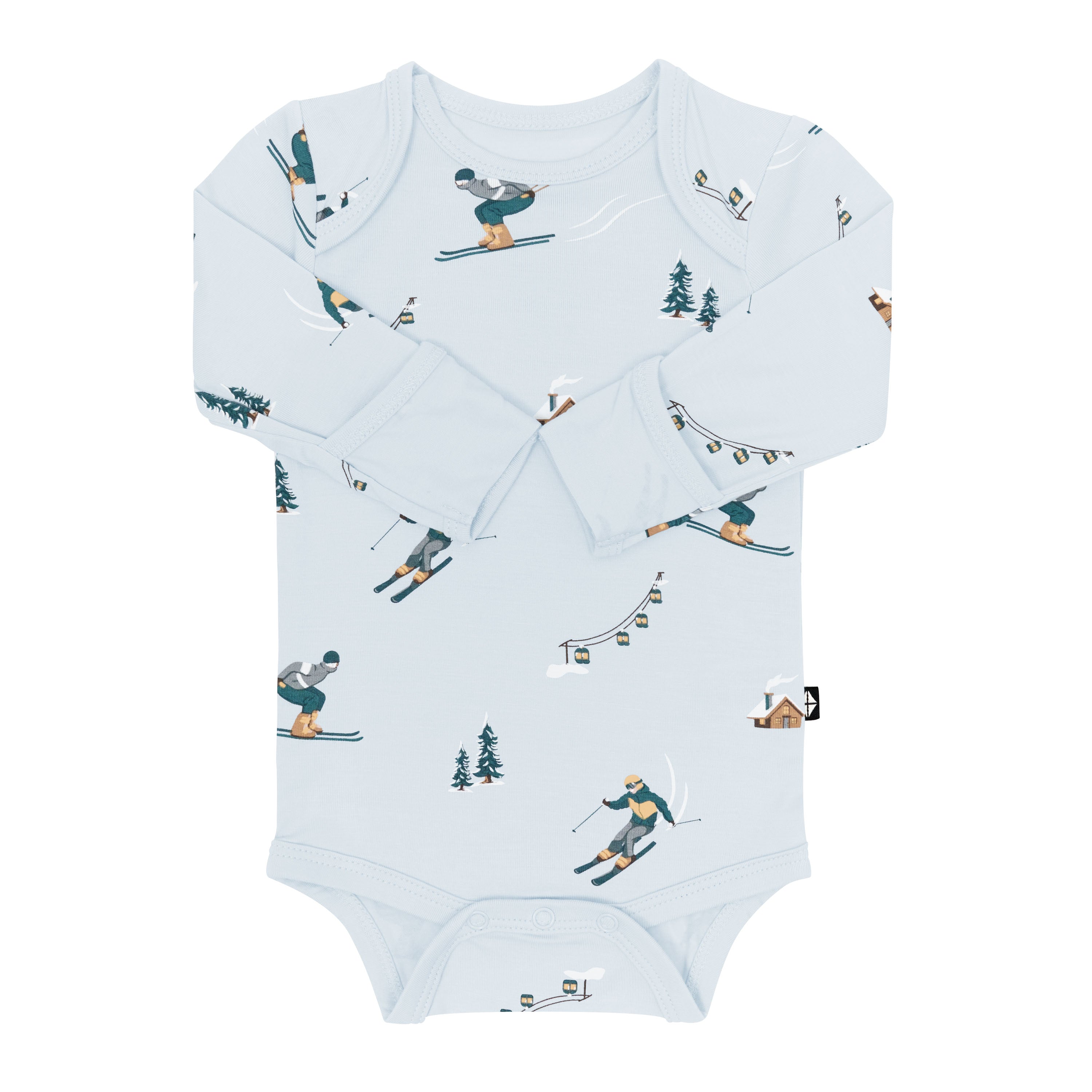 Long Sleeve Bodysuit in Ski with the arms folded inwards showing the fold over hand cuffs