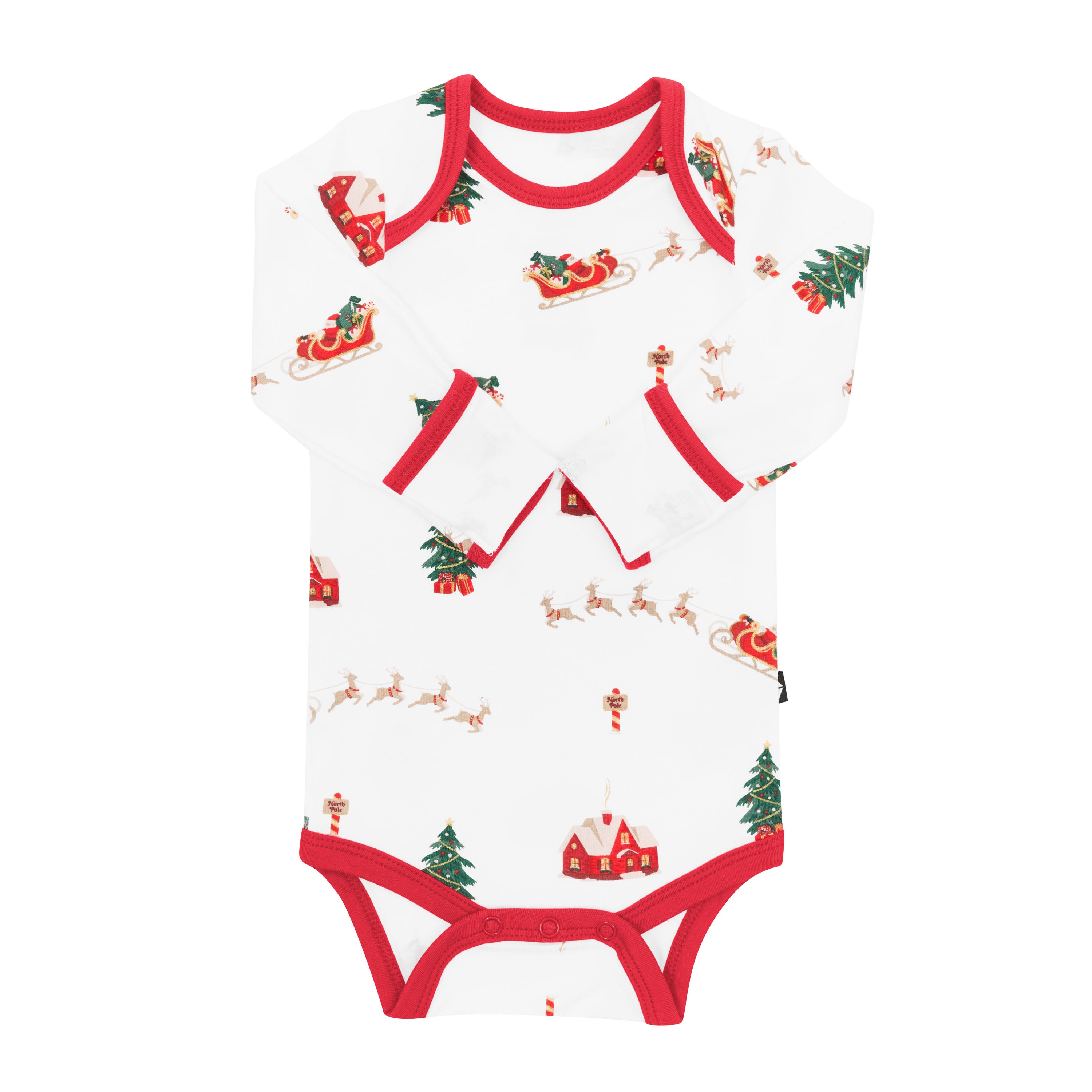 Long Sleeve Bodysuit in Santa Sleigh shown with the arms inwards showing the fold over handcuffs