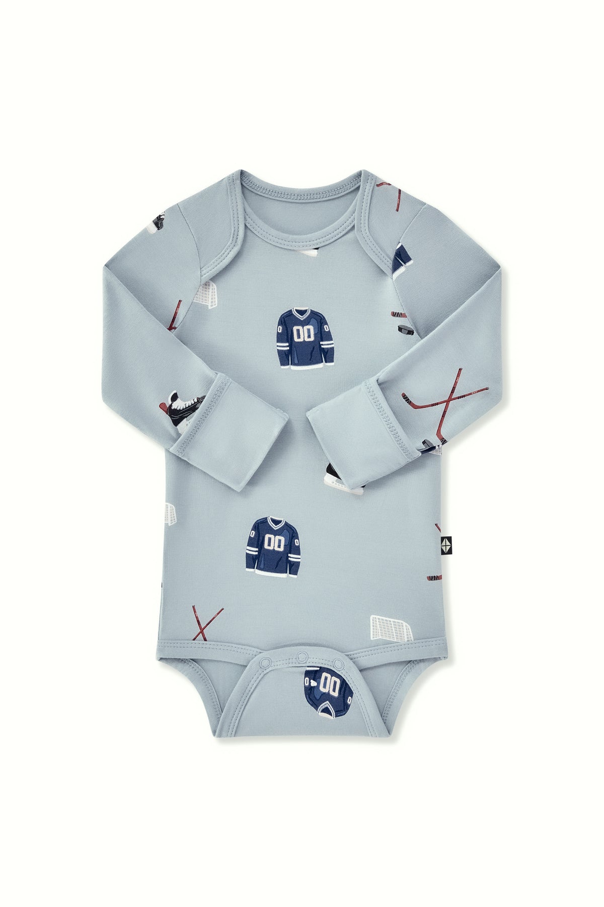 Long Sleeve Bodysuit in Vintage Hockey print with folded sleeves on a white background