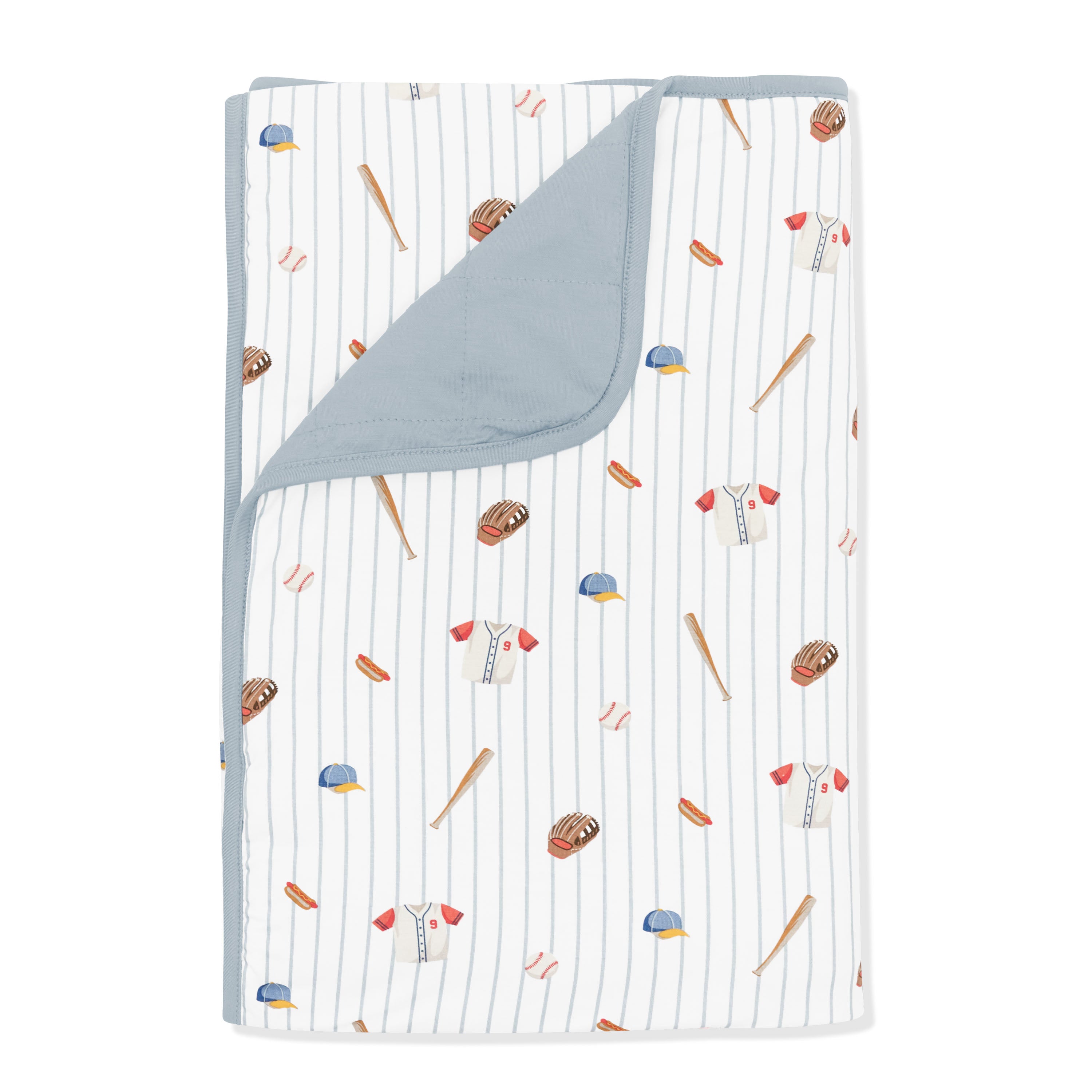 Toddler Blanket in Home Run 1.0 with the corner flipped down showing the muted blue backing