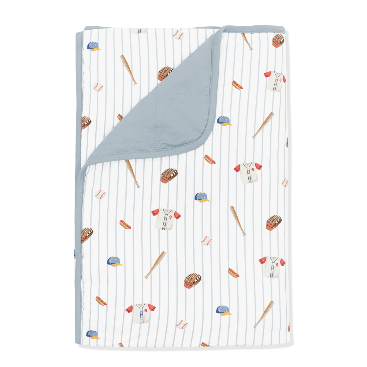 Toddler Blanket in Home Run 1.0 with the corner flipped down showing the muted blue backing