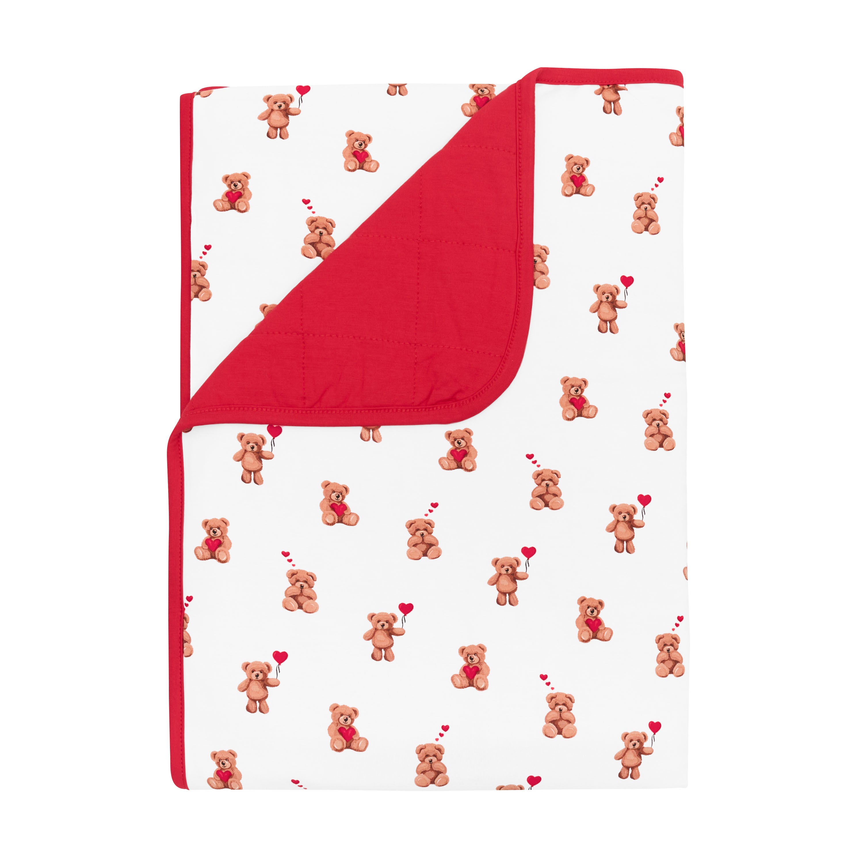 Toddler Blanket in Bear Hearts 1.0 shown with the corner flipped down showing the red backing