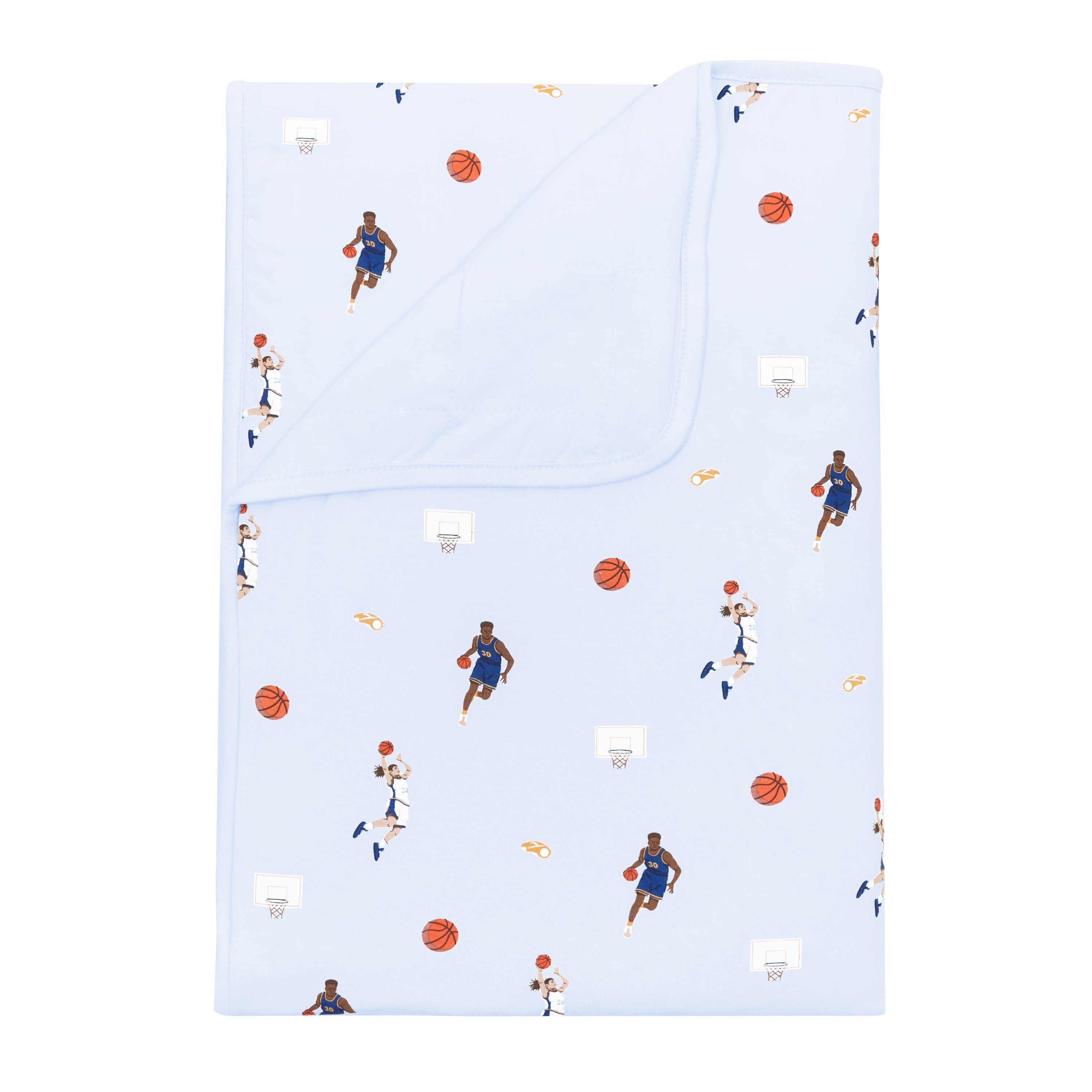 Toddler Blanket in Basketball 1.0 with the corner flipped down showing the Mist colored backing