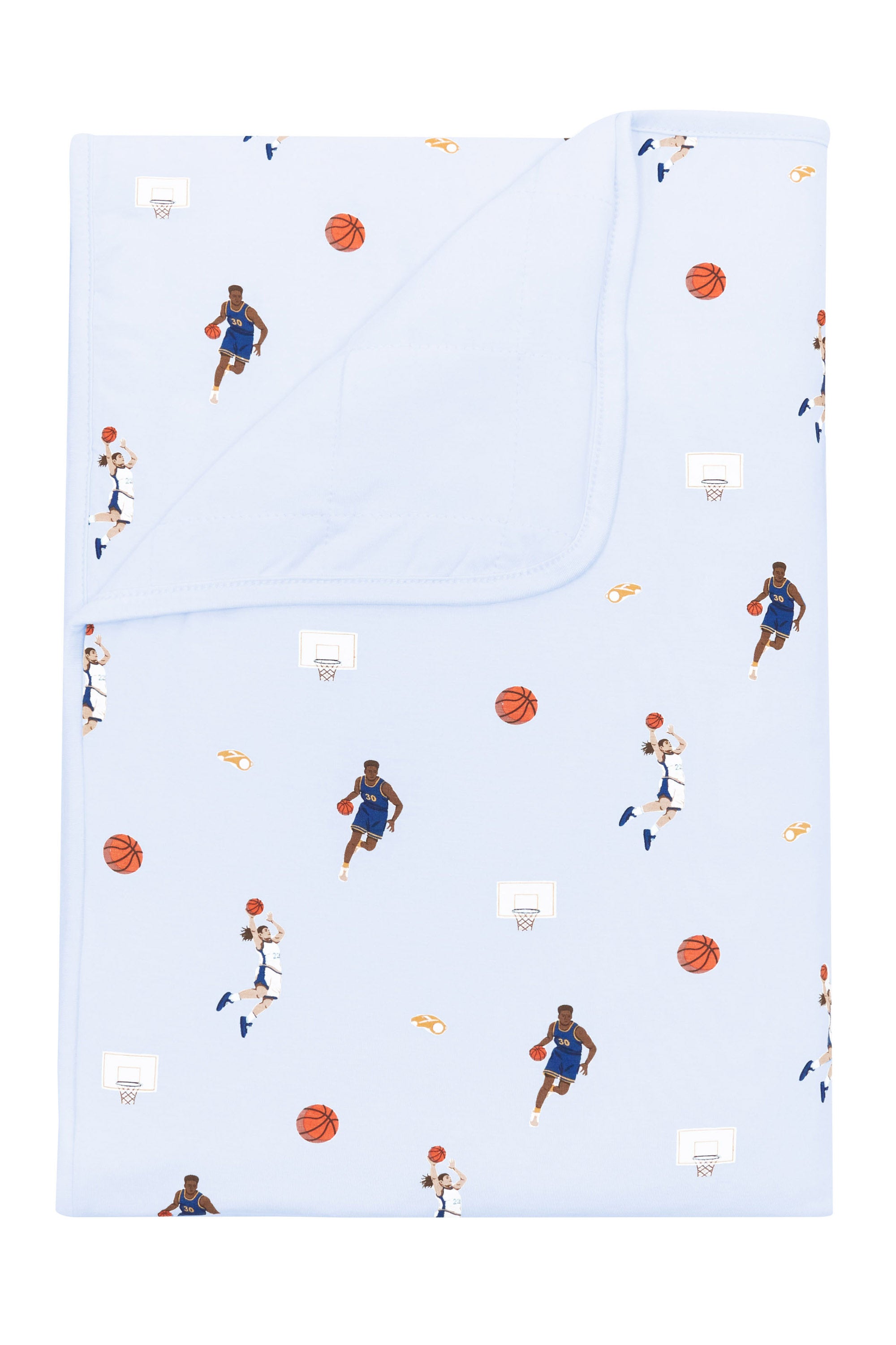 Toddler Blanket in Basketball 1.0 with the corner flipped down showing the Mist colored backing