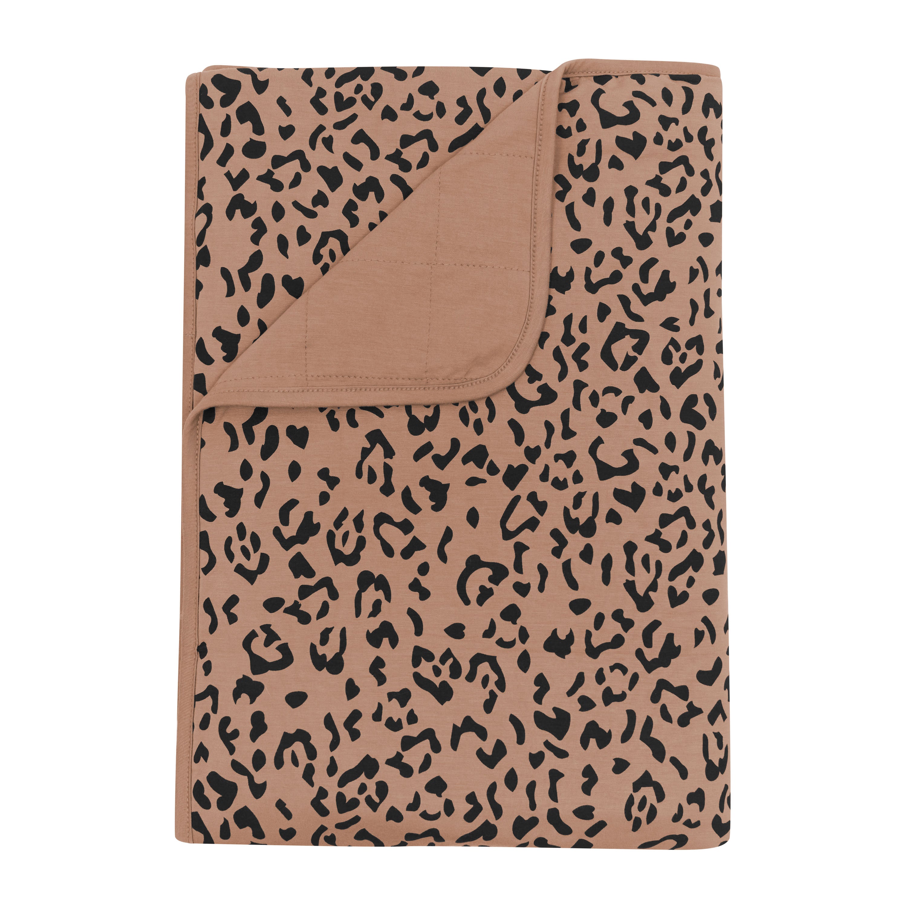Toddler Blanket in Latte Leopard 1.0 shown with corner flipped down showing the latte colored backing