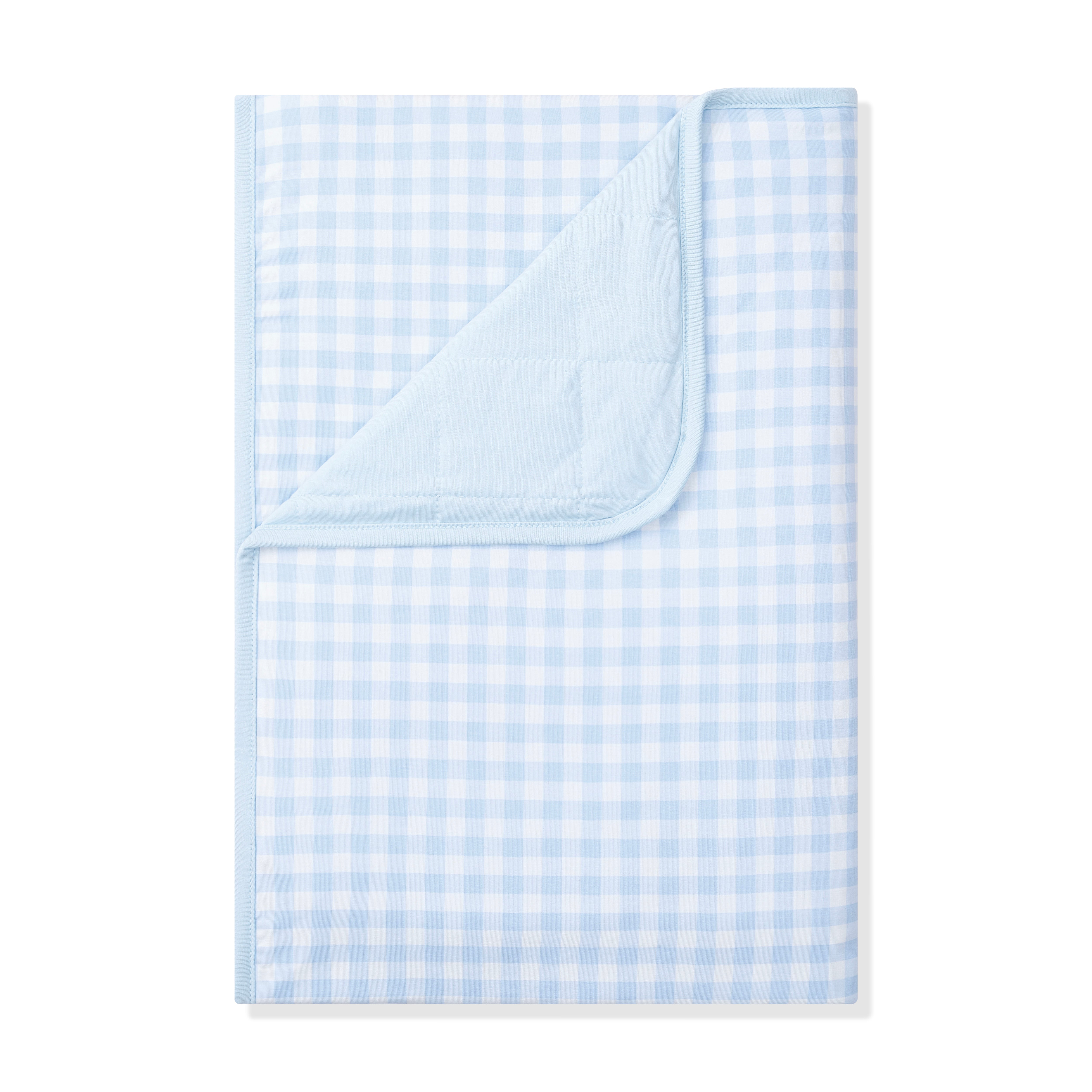 Toddler Blanket in Gingham Breeze 1.0 with the corner flipped down showing the light blue backing