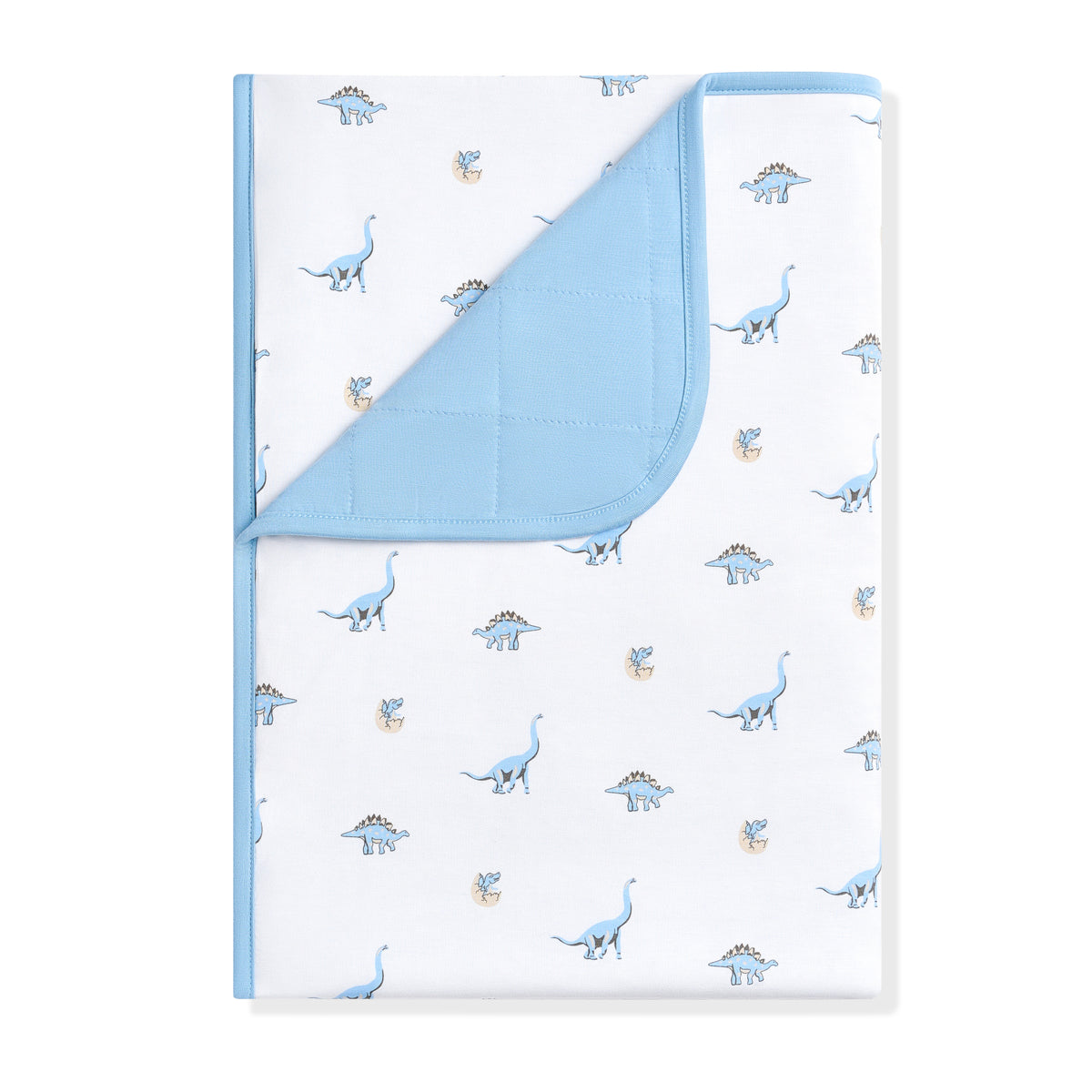 Toddler Blanket in Jurassic 1.0 with the corner folded down showing the baby blue backing