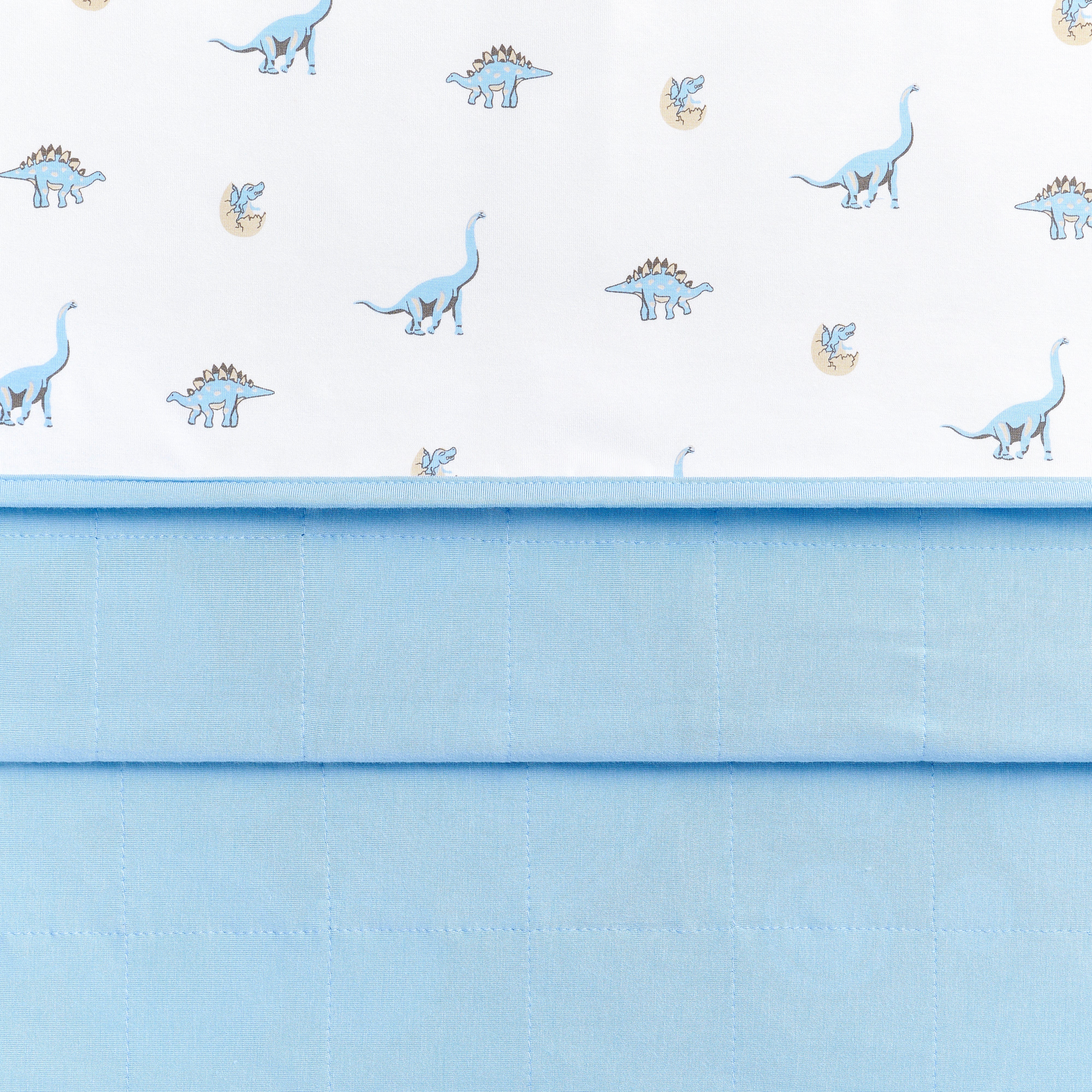 Close up of the Toddler Blanket in Jurassic 1.0 showing the baby blue quilted backing and dinosaur printed smooth top layer
