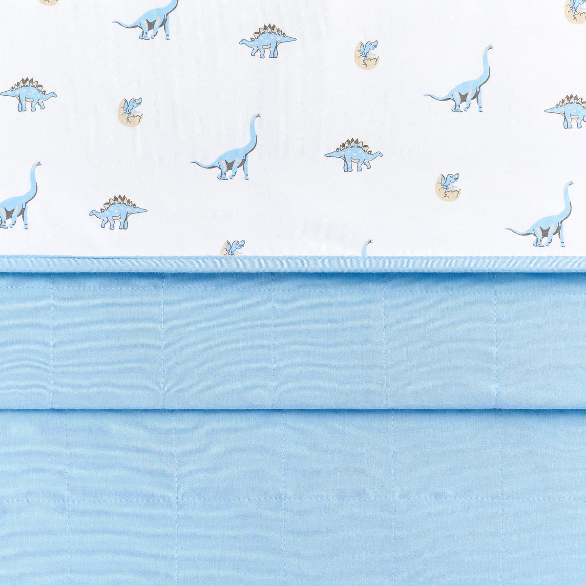 Close up of the Toddler Blanket in Jurassic 1.0 showing the baby blue quilted backing and dinosaur printed smooth top layer