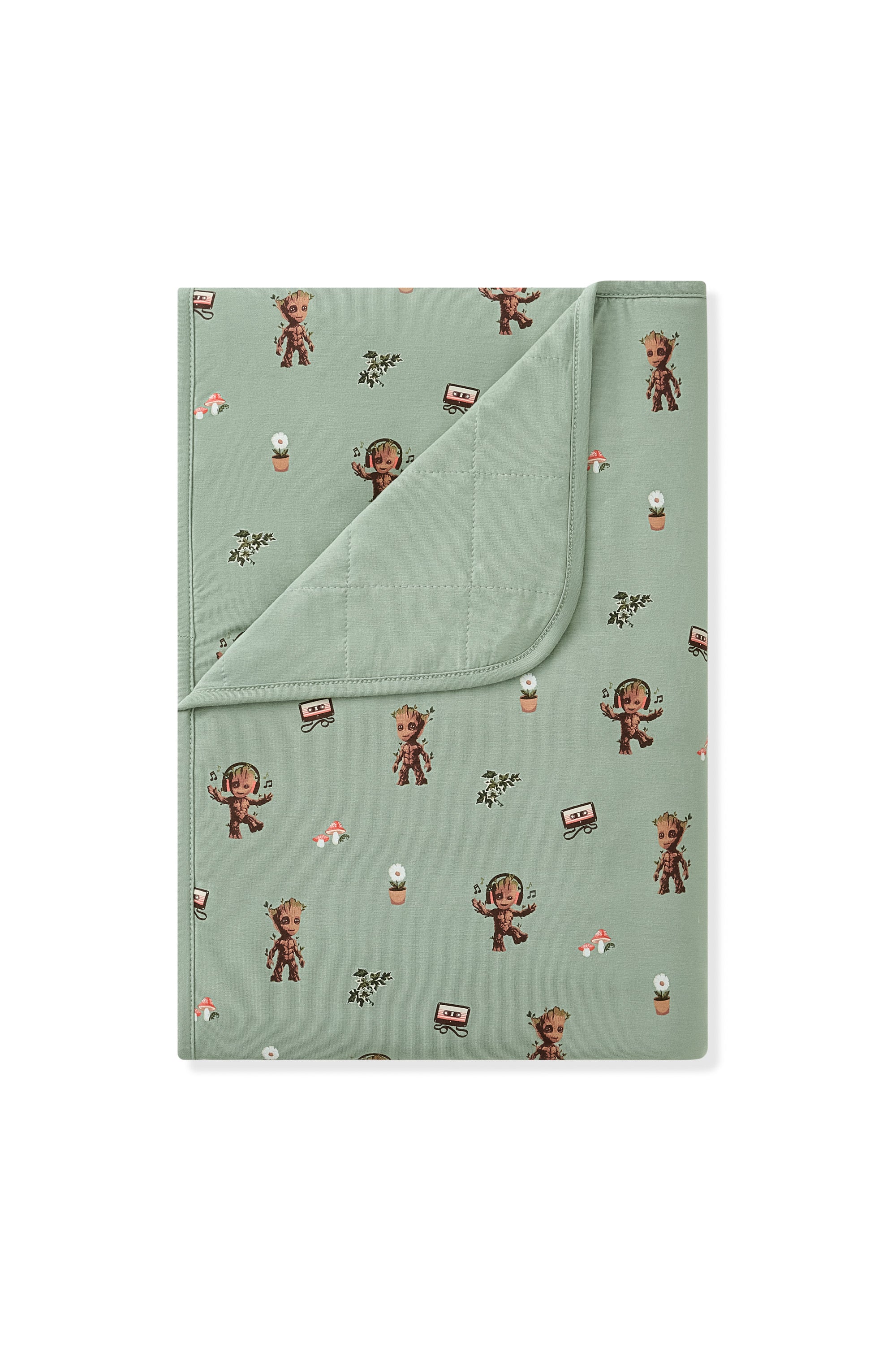 Green Toddler Blanket with Groot print on white background