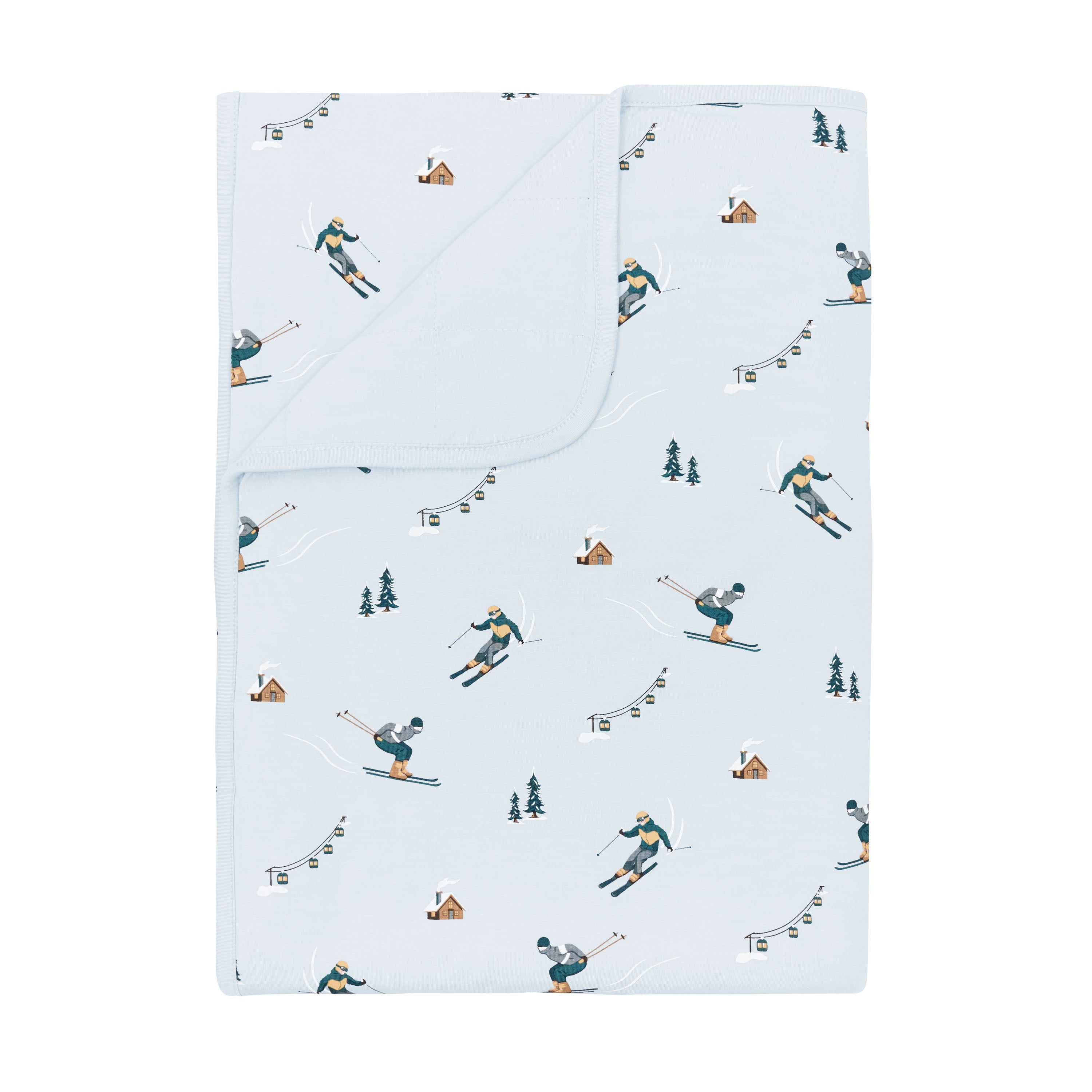 Toddler Blanket in Ski 1.0 with the corner flipped down showing the light blue backing