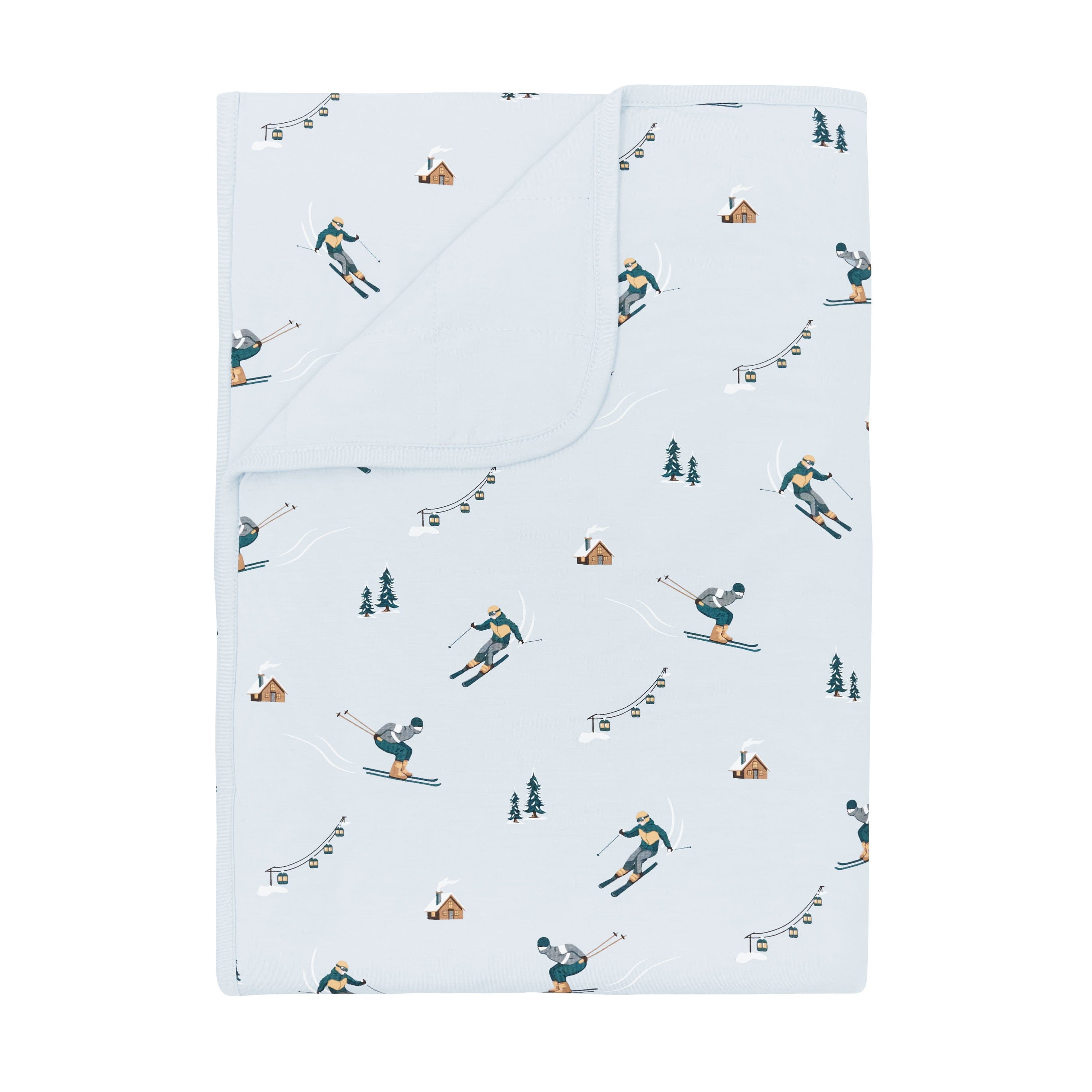Toddler Blanket in Ski 1.0 with the corner flipped down showing the light blue backing
