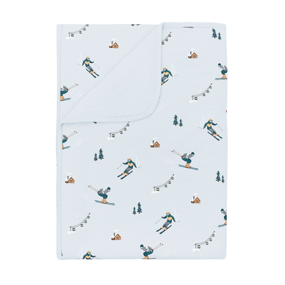 Toddler Blanket in Ski 1.0 with the corner flipped down showing the light blue backing
