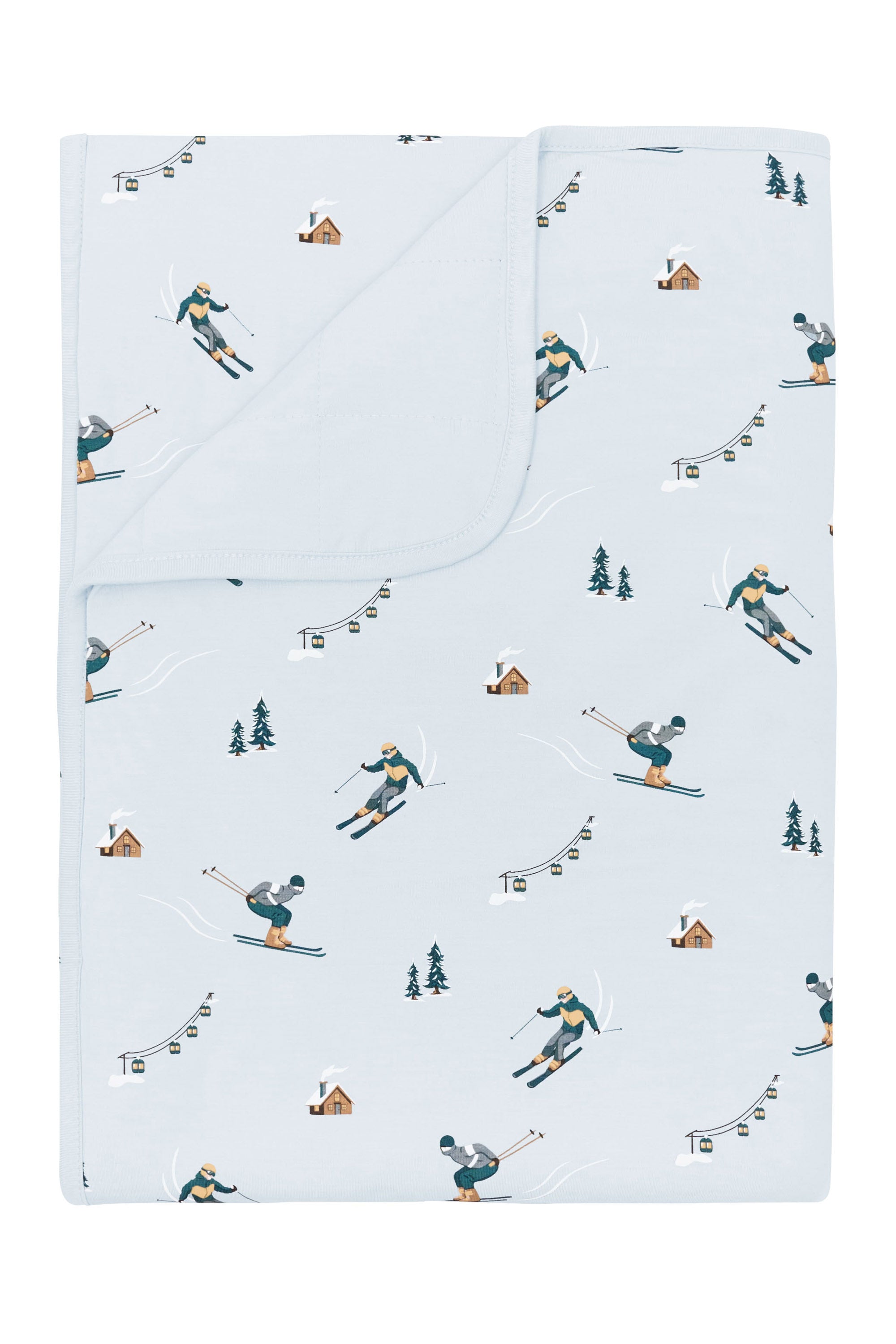Toddler Blanket in Ski 1.0 with the corner flipped down showing the light blue backing