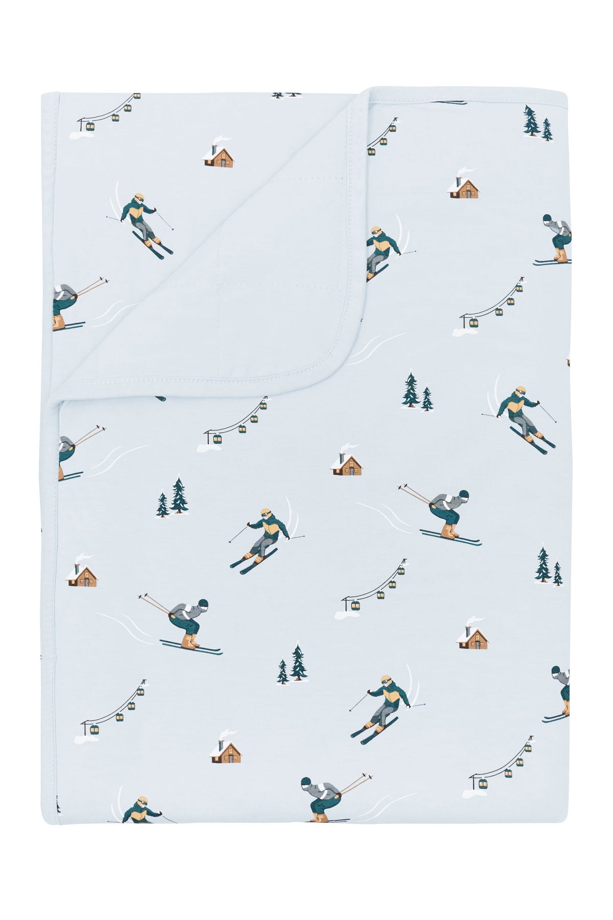 Toddler Blanket in Ski 1.0 with the corner flipped down showing the light blue backing