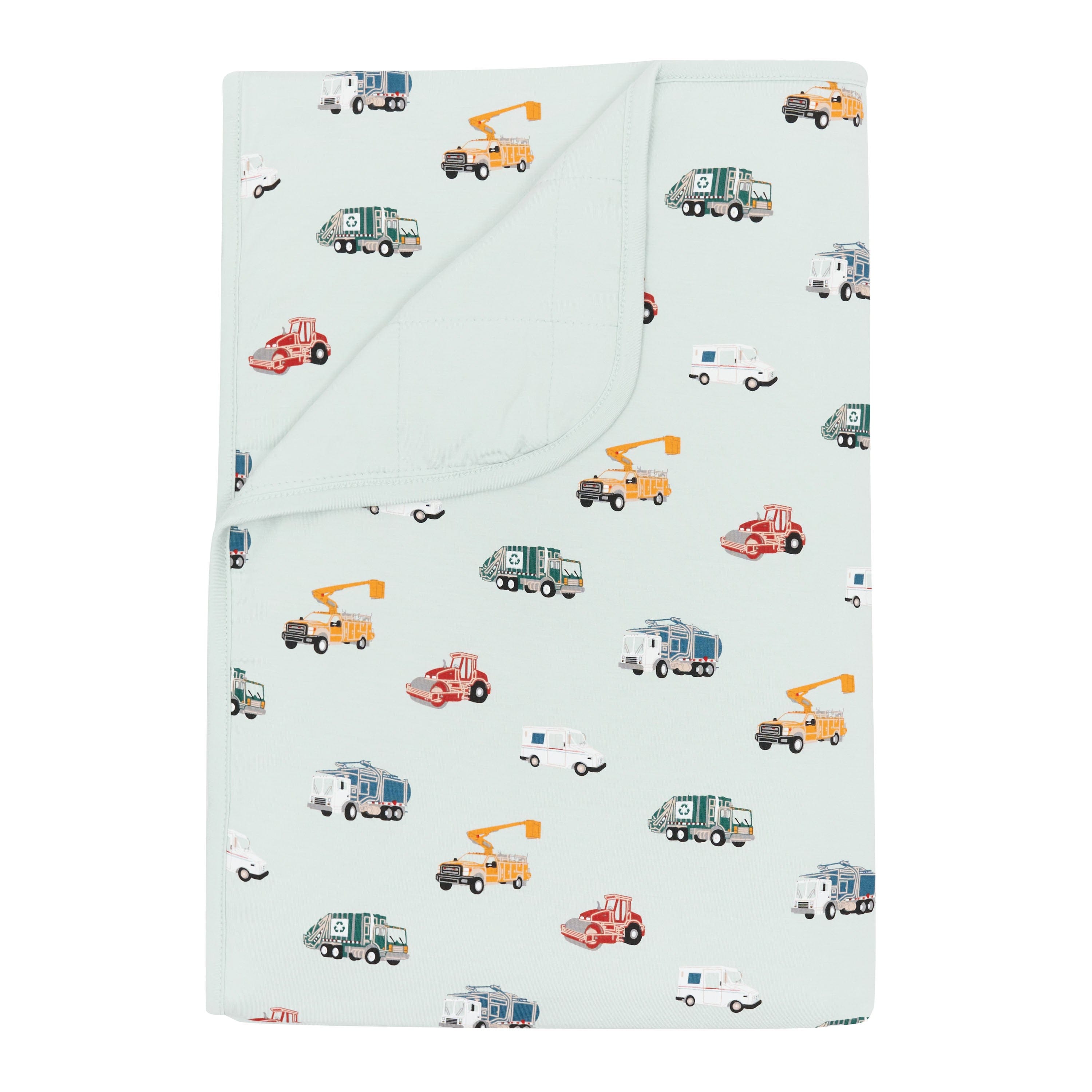 Toddler Blanket in City Vehicles 1.0 with the corner flipped down showing the Dew colored backing