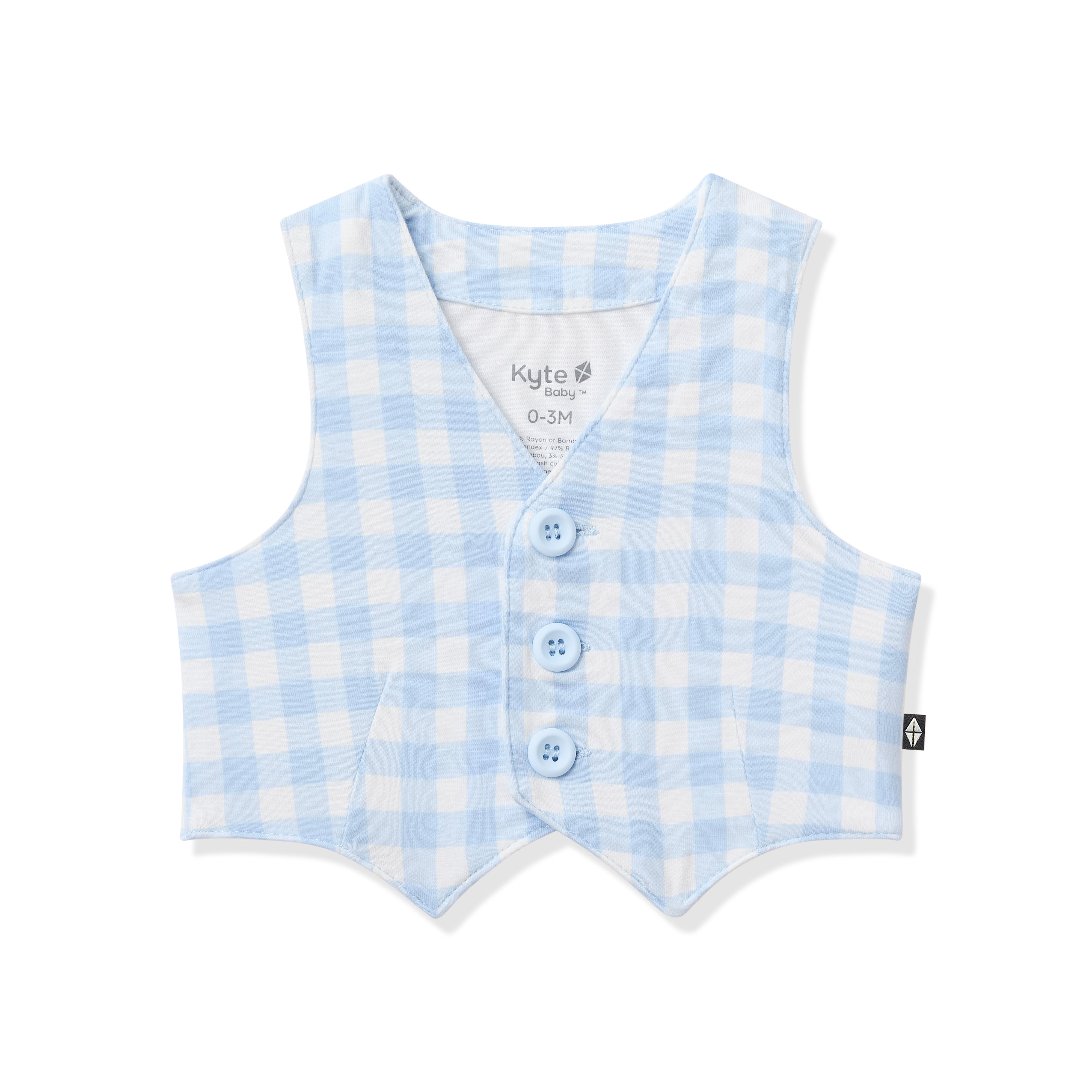 Front of the Tuxedo Vest in Gingham Breeze showing the button closures