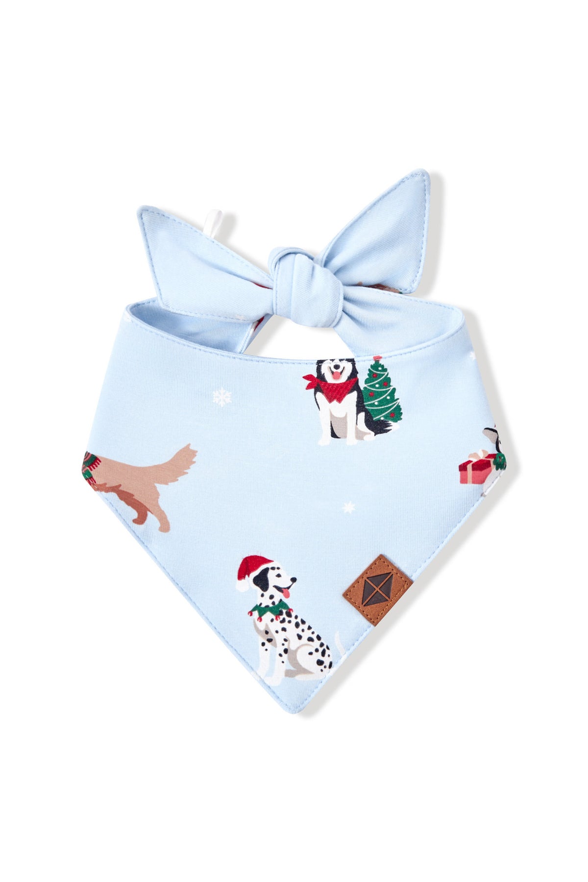 Blue Dog Bandana in Holiday Pups print on a white background