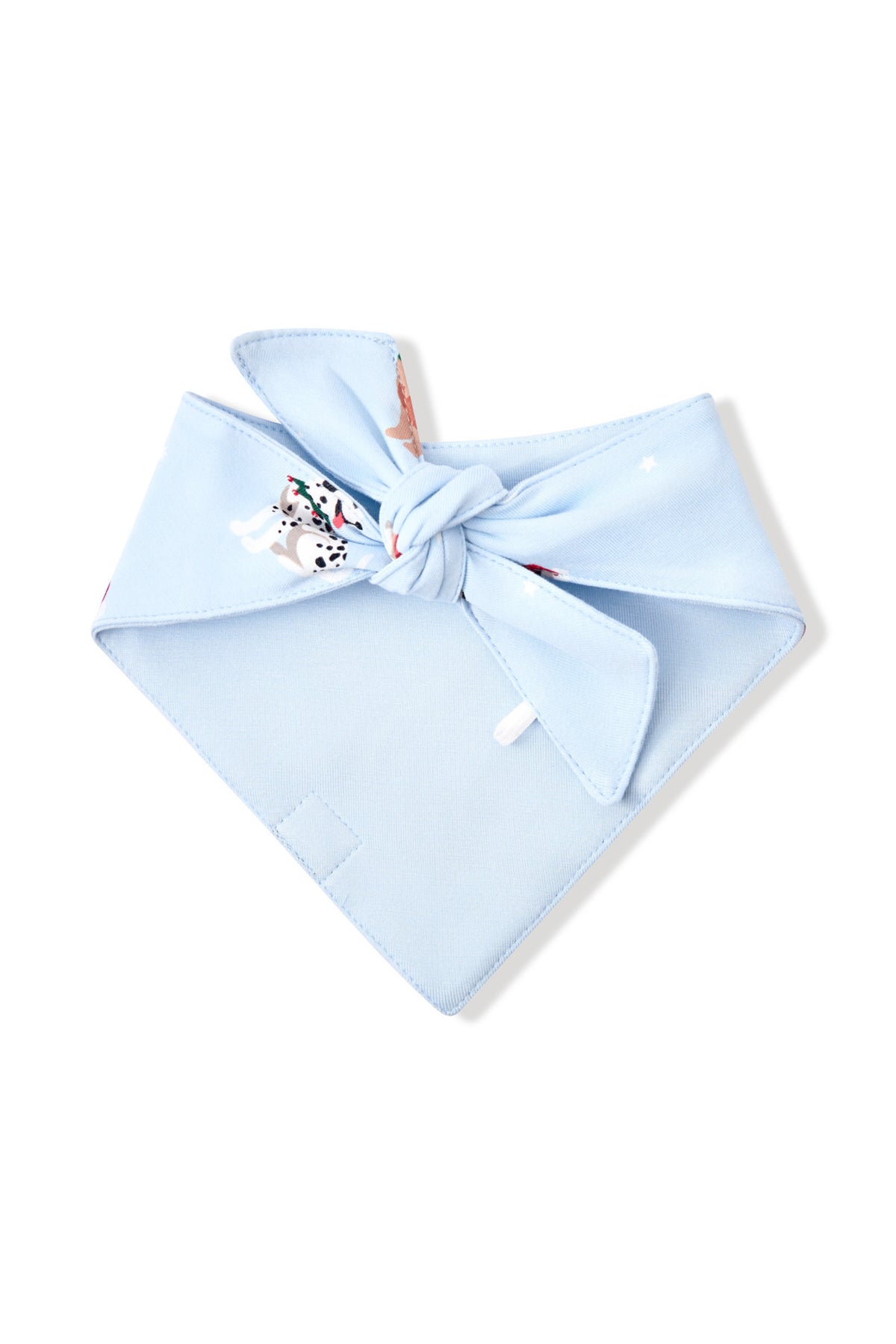 Blue fabric on the Back side of Dog Bandana in Holiday Pups print on a white background