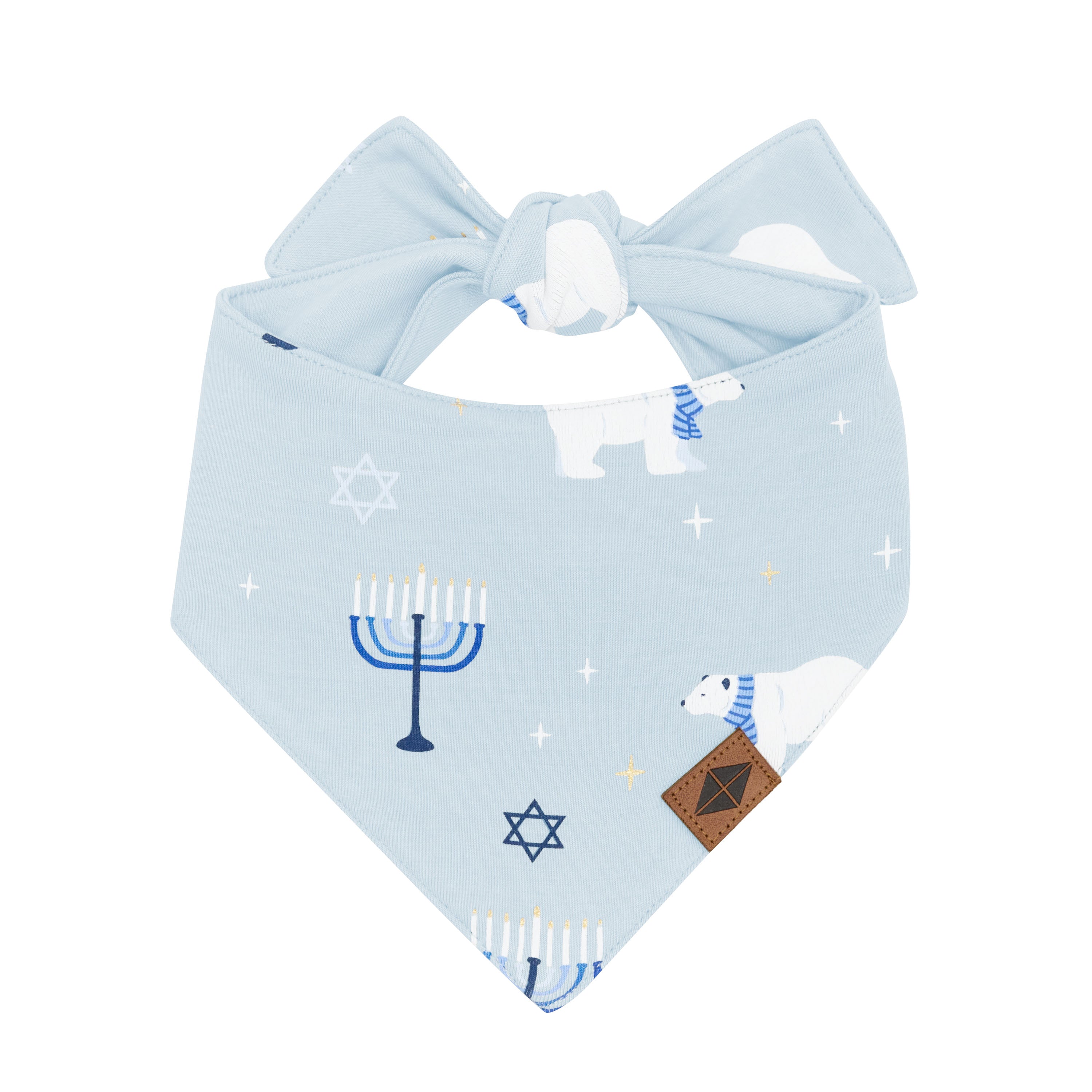 Front of the Dog Bandana in Polar Lights showing the vegan leather kyte baby logo tag with the tie closure visible