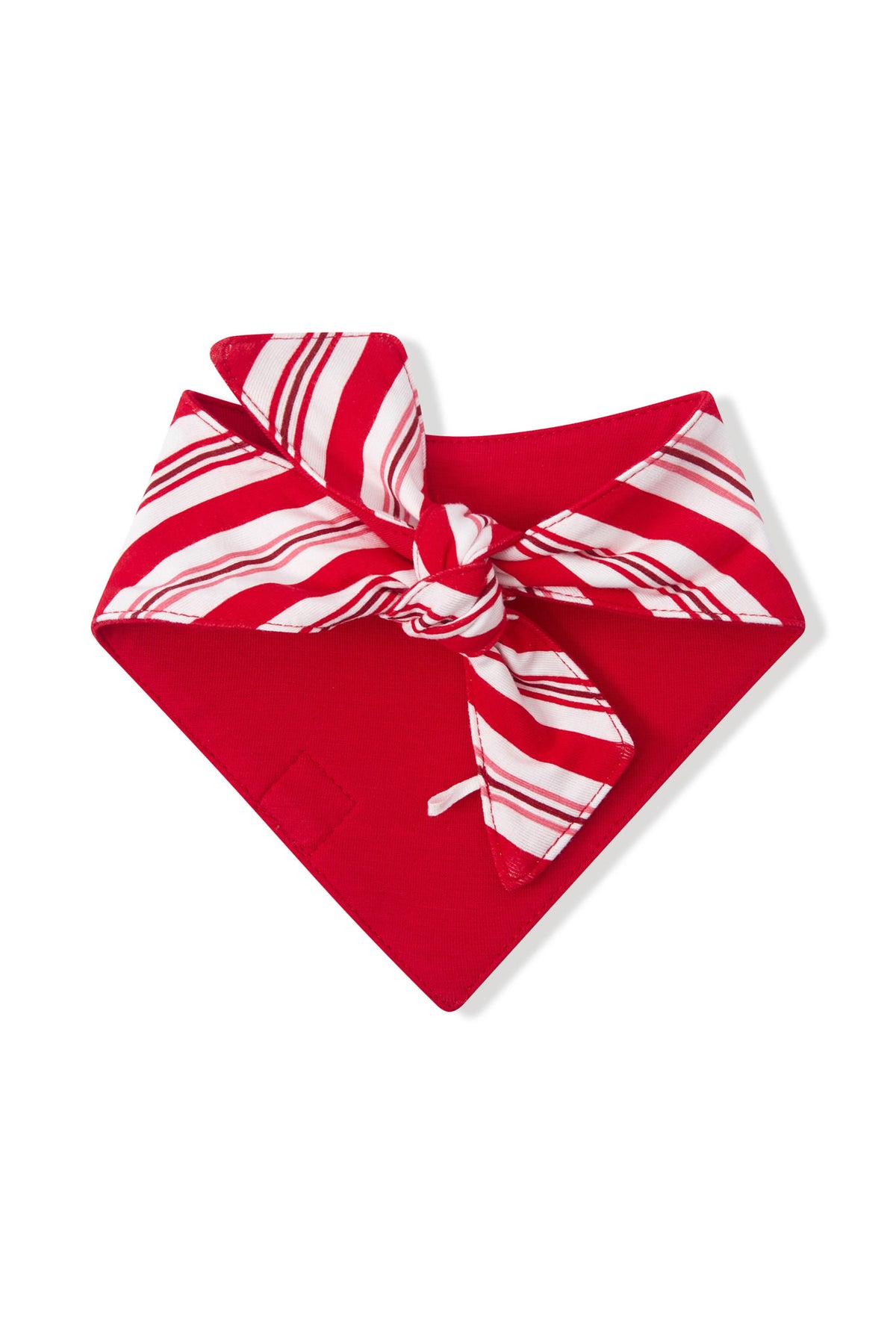 Red fabric on the Back side of Dog Bandana in Peppermint Stripes print on a white background