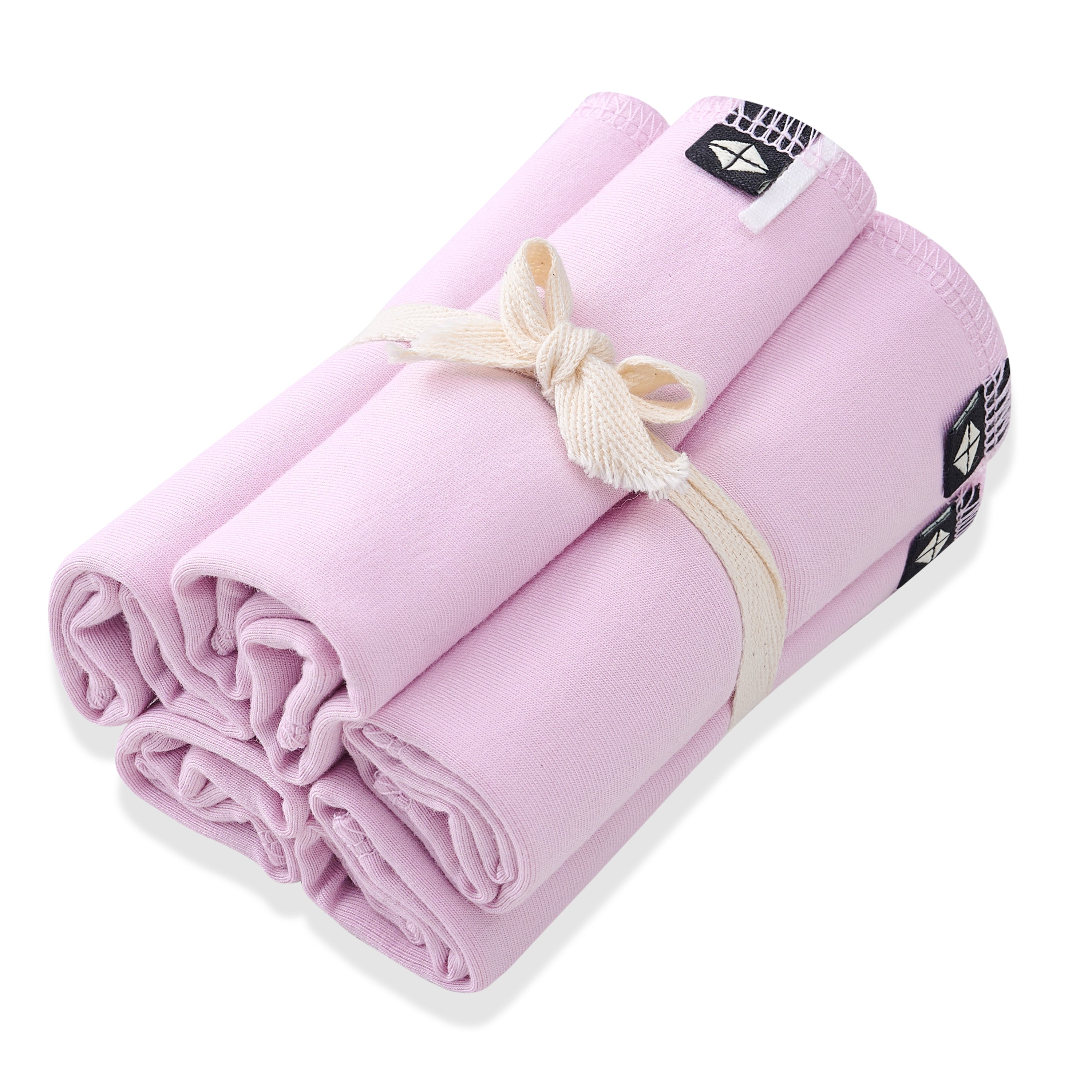 Bundle of Washcloth 5-Pack in Thistle shown in its packaging tied with a linen bow