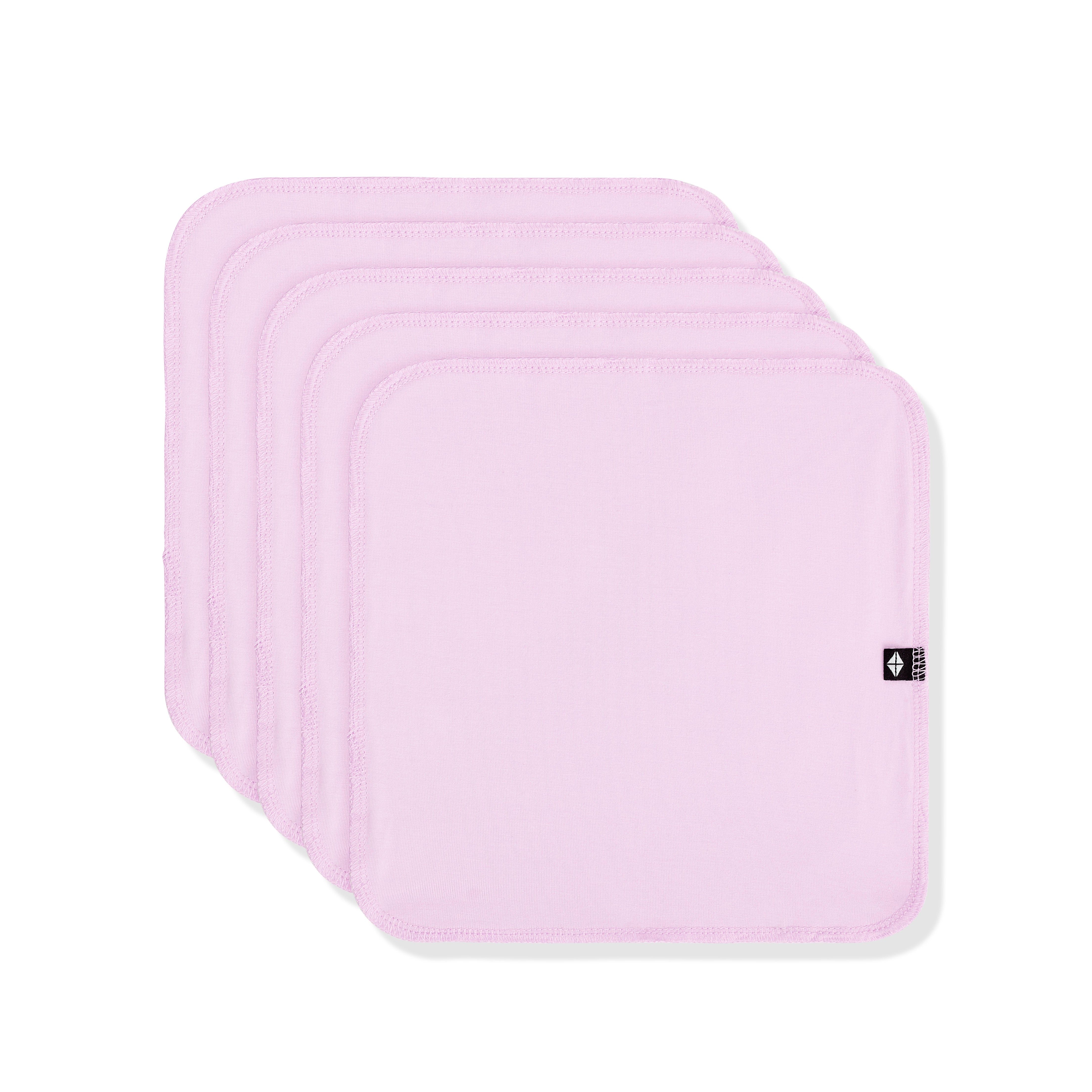 Set of four light purple bath washcloths with a brand logo on a white background