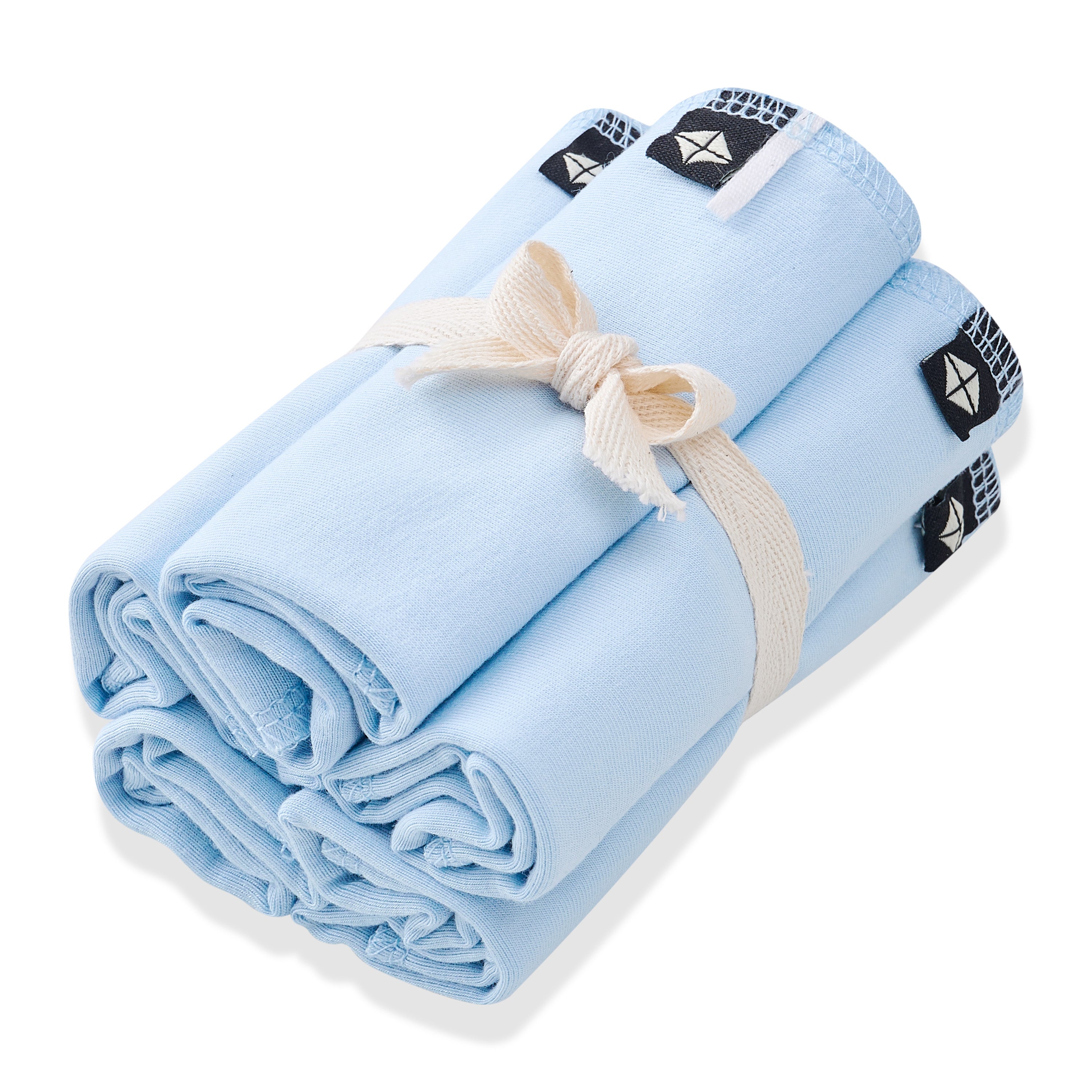 Bundle of Washcloth 5-Pack in Breeze shown in its packaging tied with a linen bow