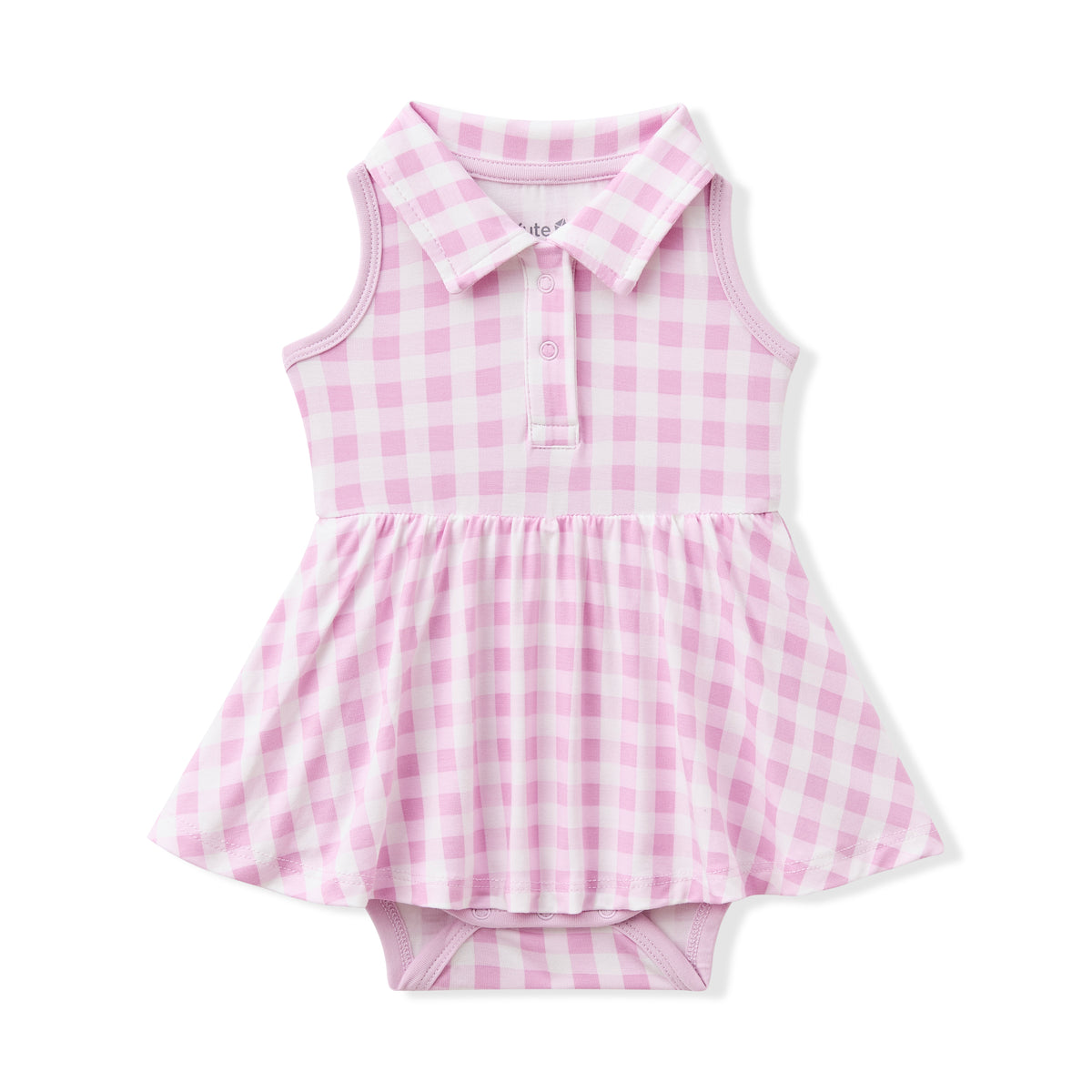 Product photo of the Polo Bodysuit Dress in Gingham Thistle shown on a white surface