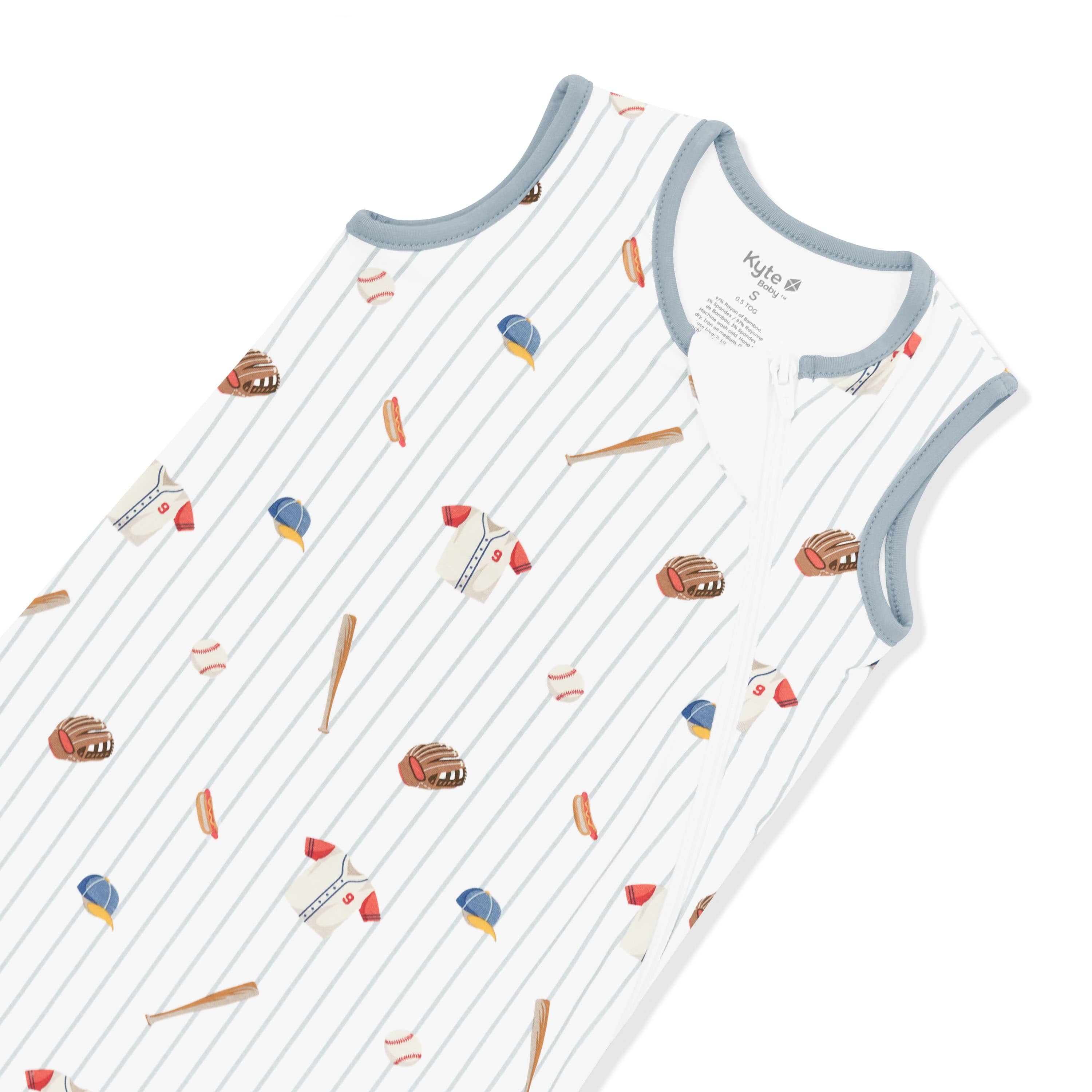 Close up of the zipper garage and muted blue colored trim on the Sleep Bag in Home Run 0.5