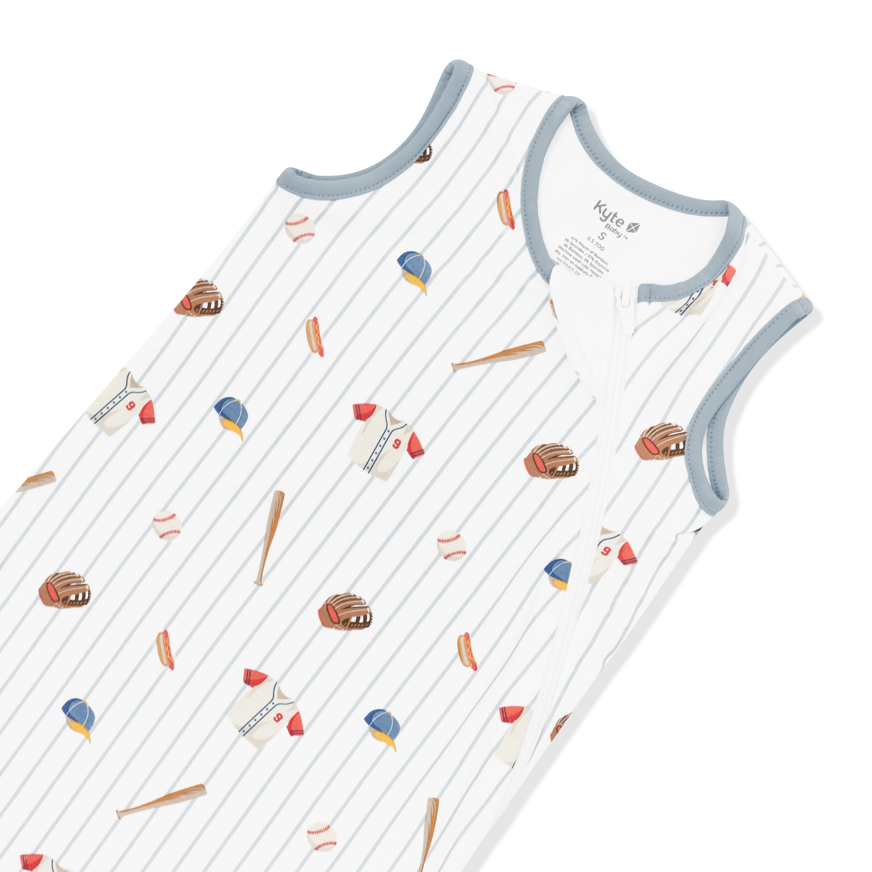 Close up of the zipper garage and muted blue colored trim on the Sleep Bag in Home Run 0.5