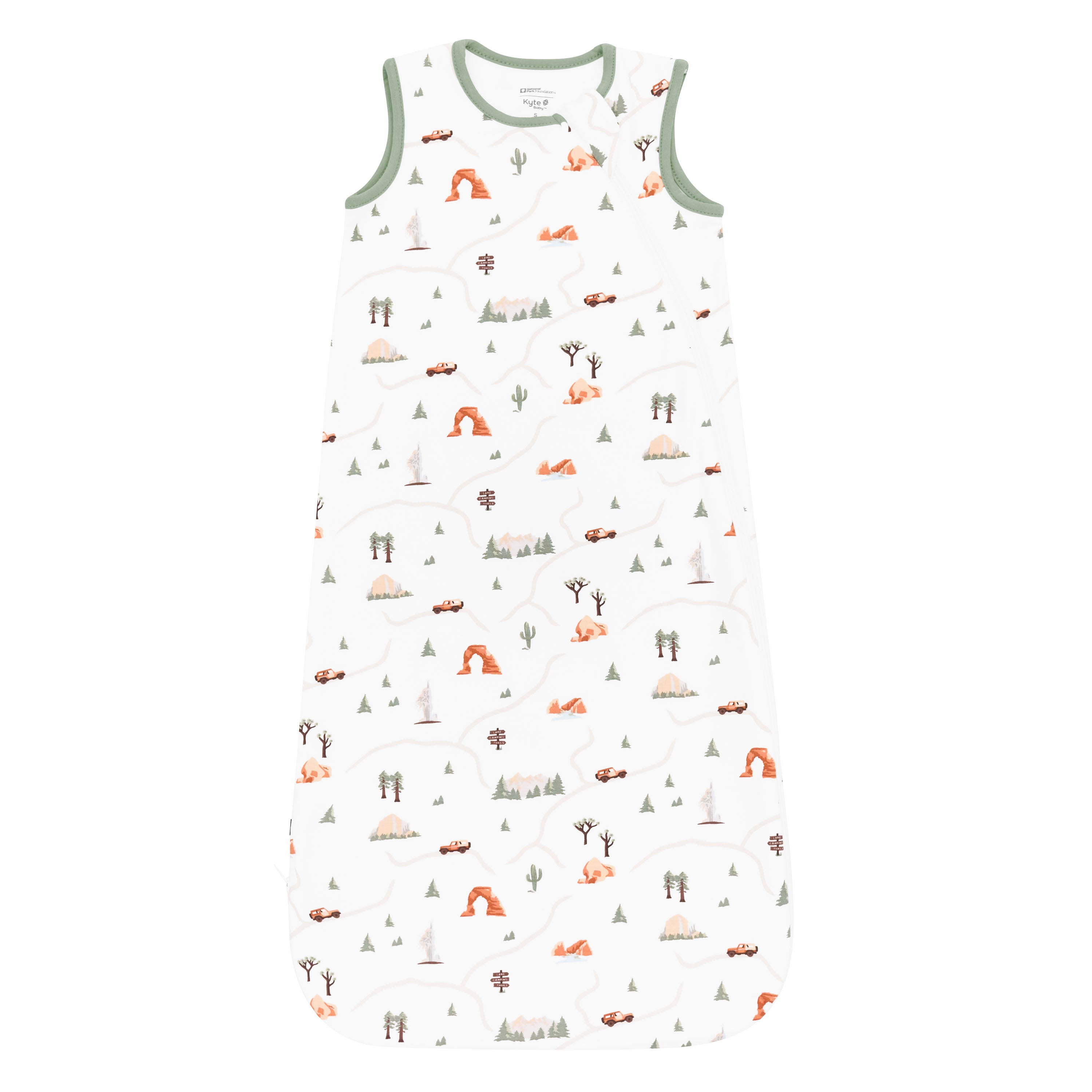 Kyte Baby's Sleep Bag in Road Trip 0.5 shown zipped up