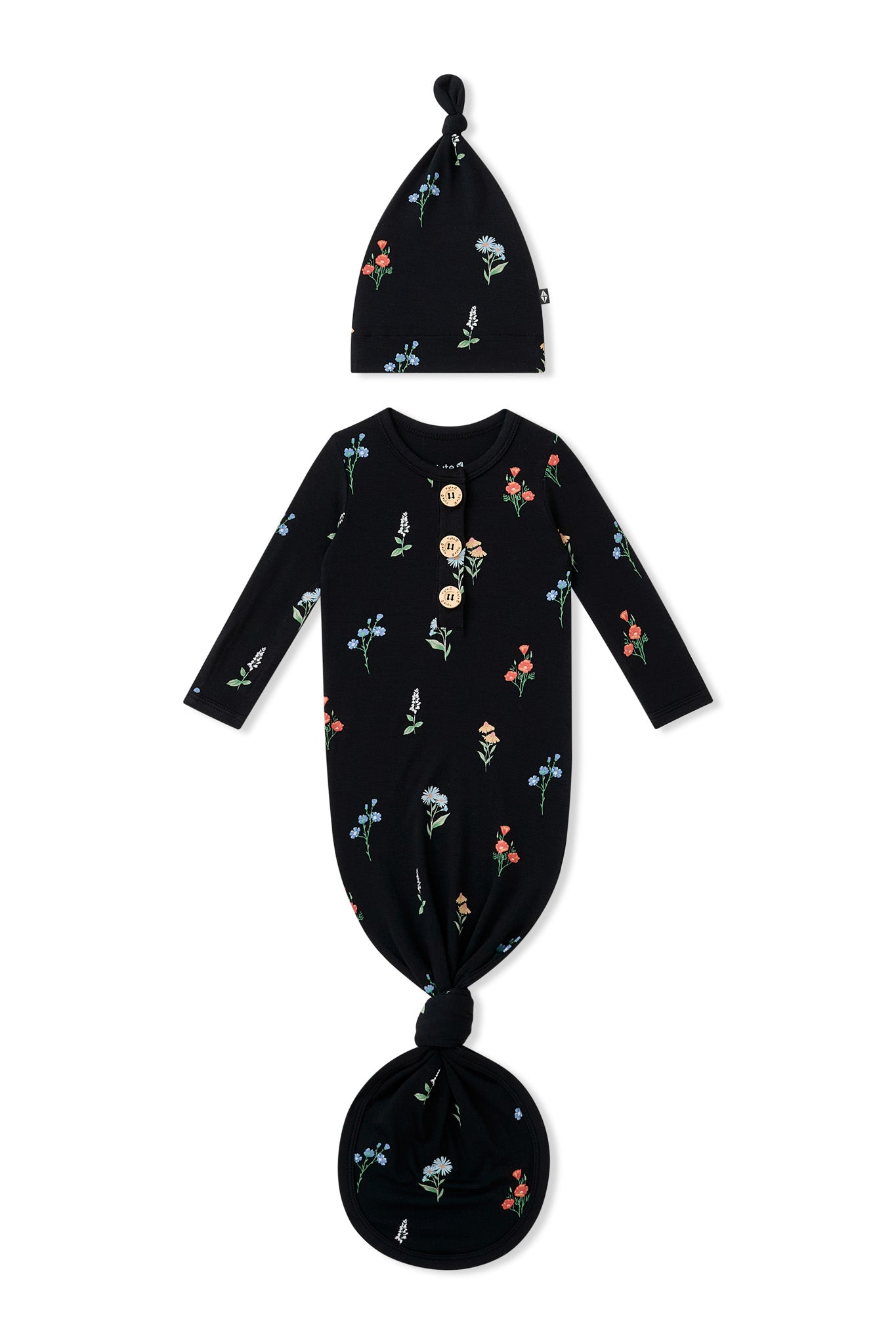 Black Knotted Gown with Hat Set with Wildflower print on a white background