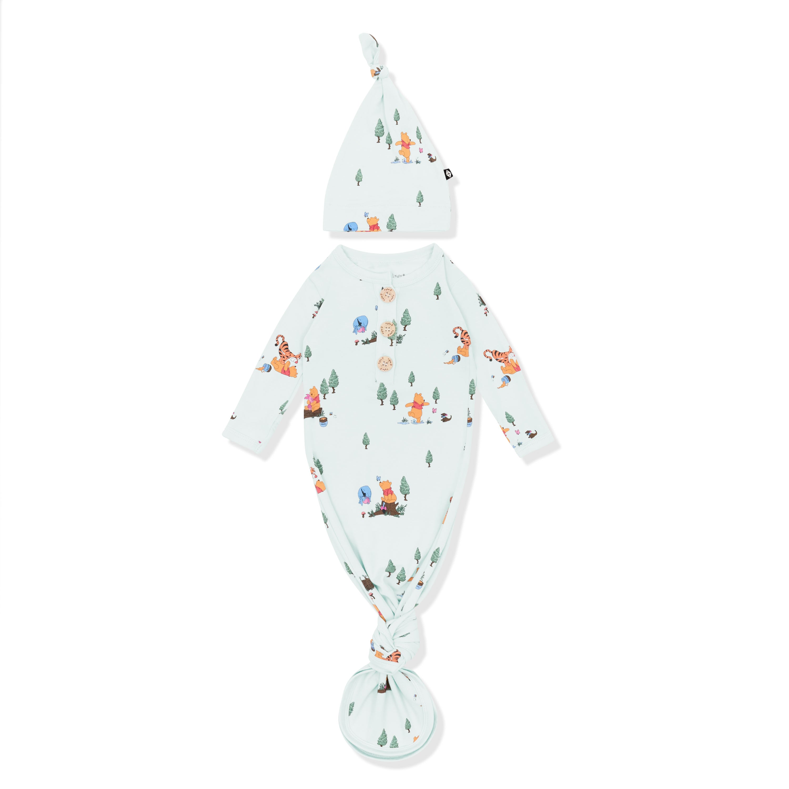 Knotted Gown with Hat Set in Winnie the Pooh Hundred Acre Wood shown on a white surface