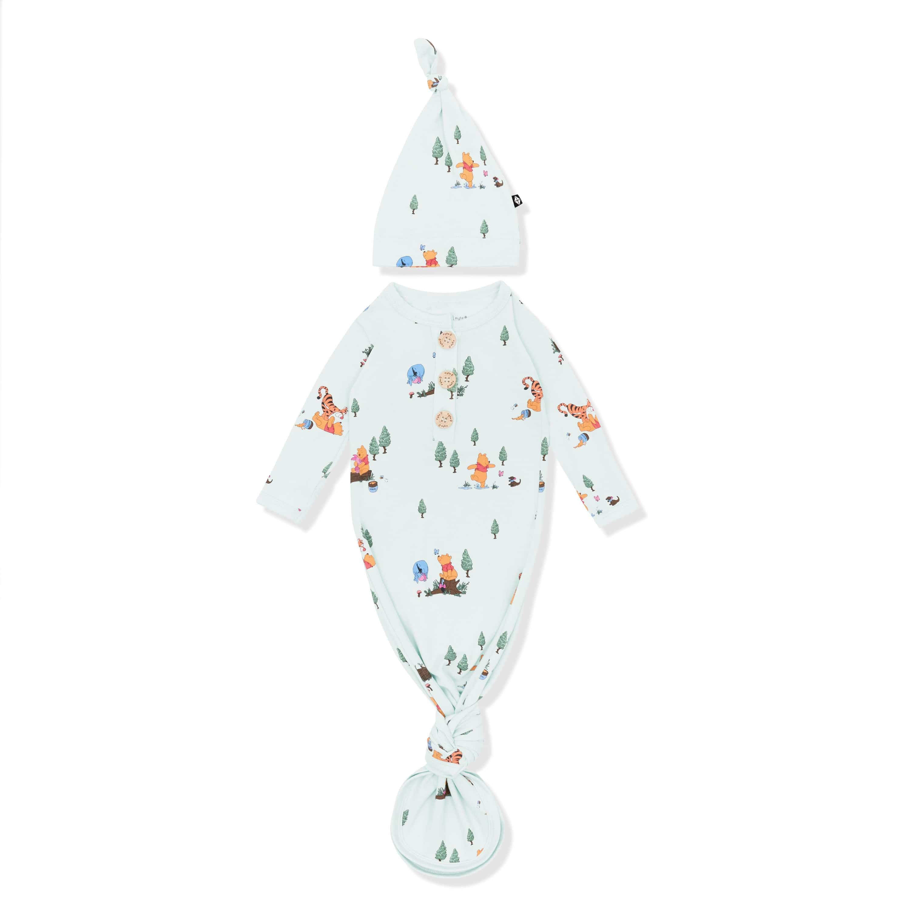 Knotted Gown with Hat Set in Winnie the Pooh Hundred Acre Wood shown on a white surface