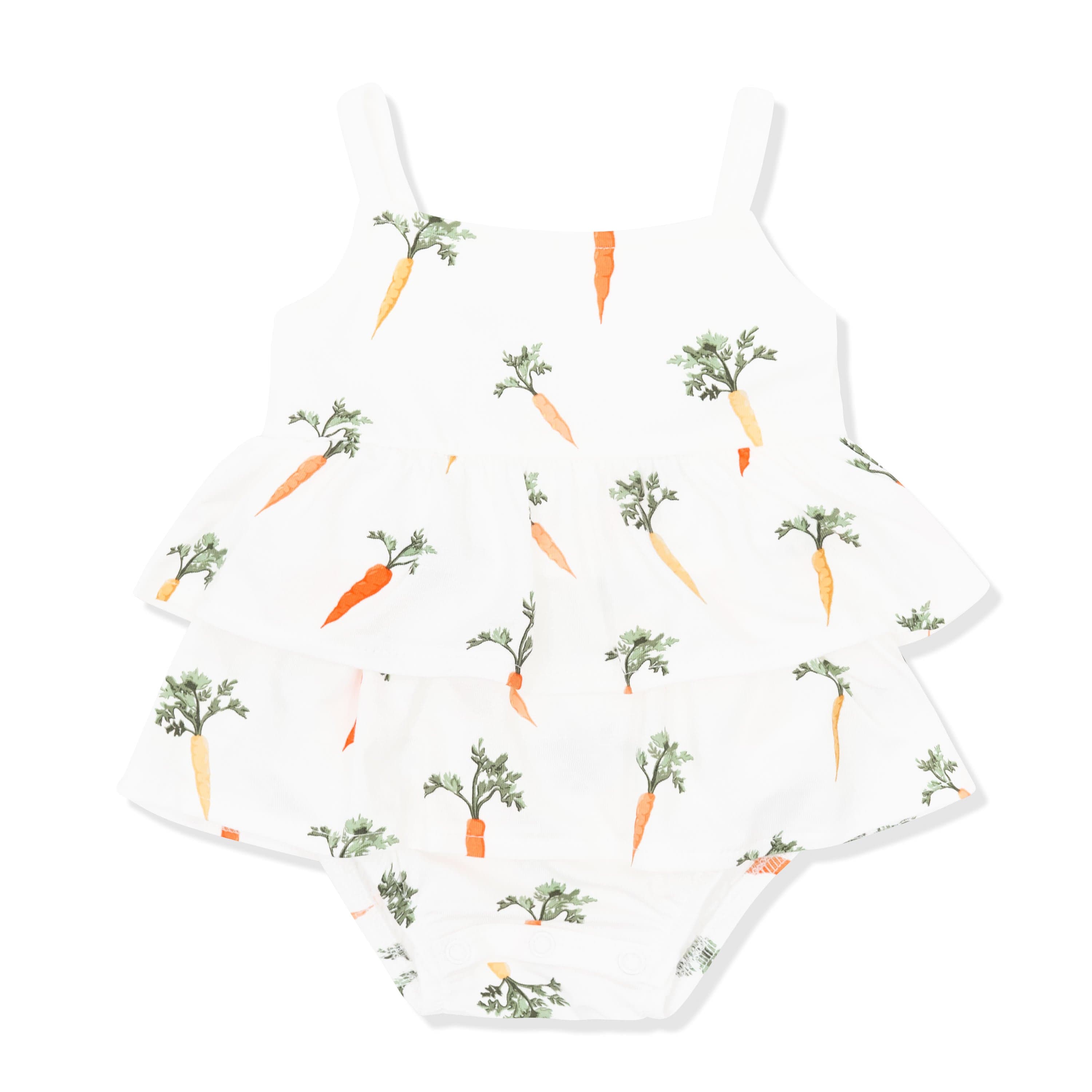Product photo of the Spaghetti Strap Ruffle Romper in Carrot