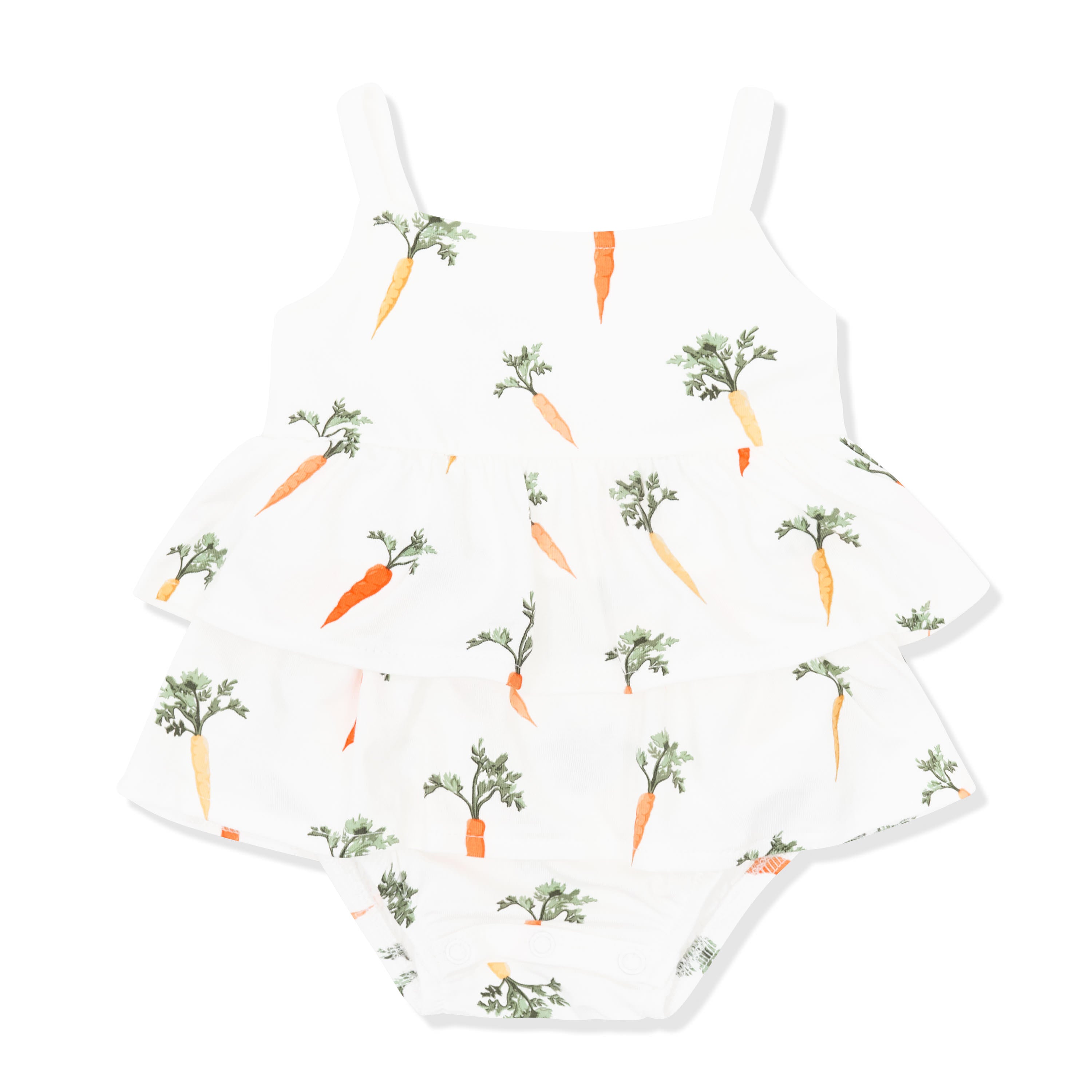 Product photo of the Spaghetti Strap Ruffle Romper in Carrot