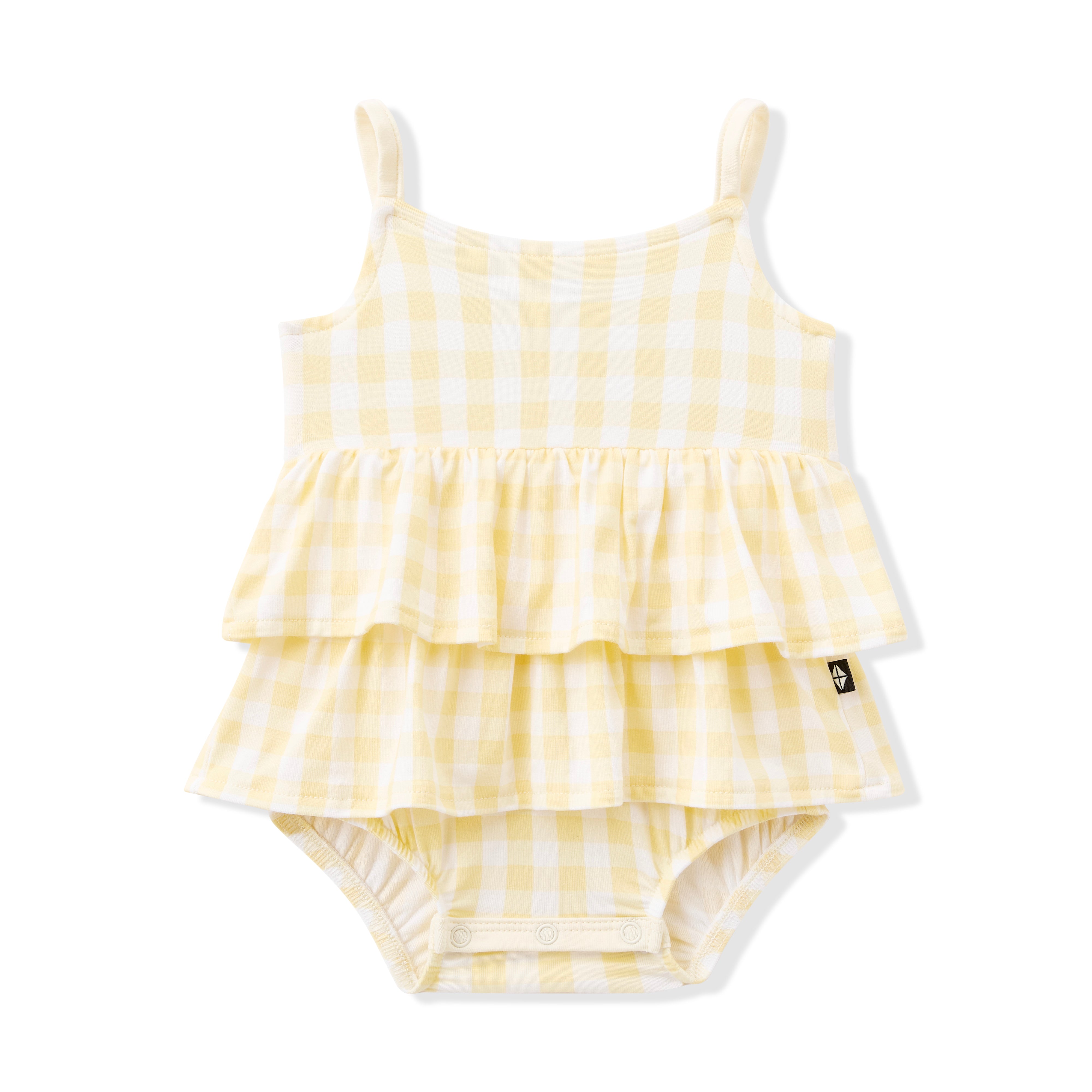 Product photo of the Spaghetti Strap Ruffle Romper in Gingham Chamomile