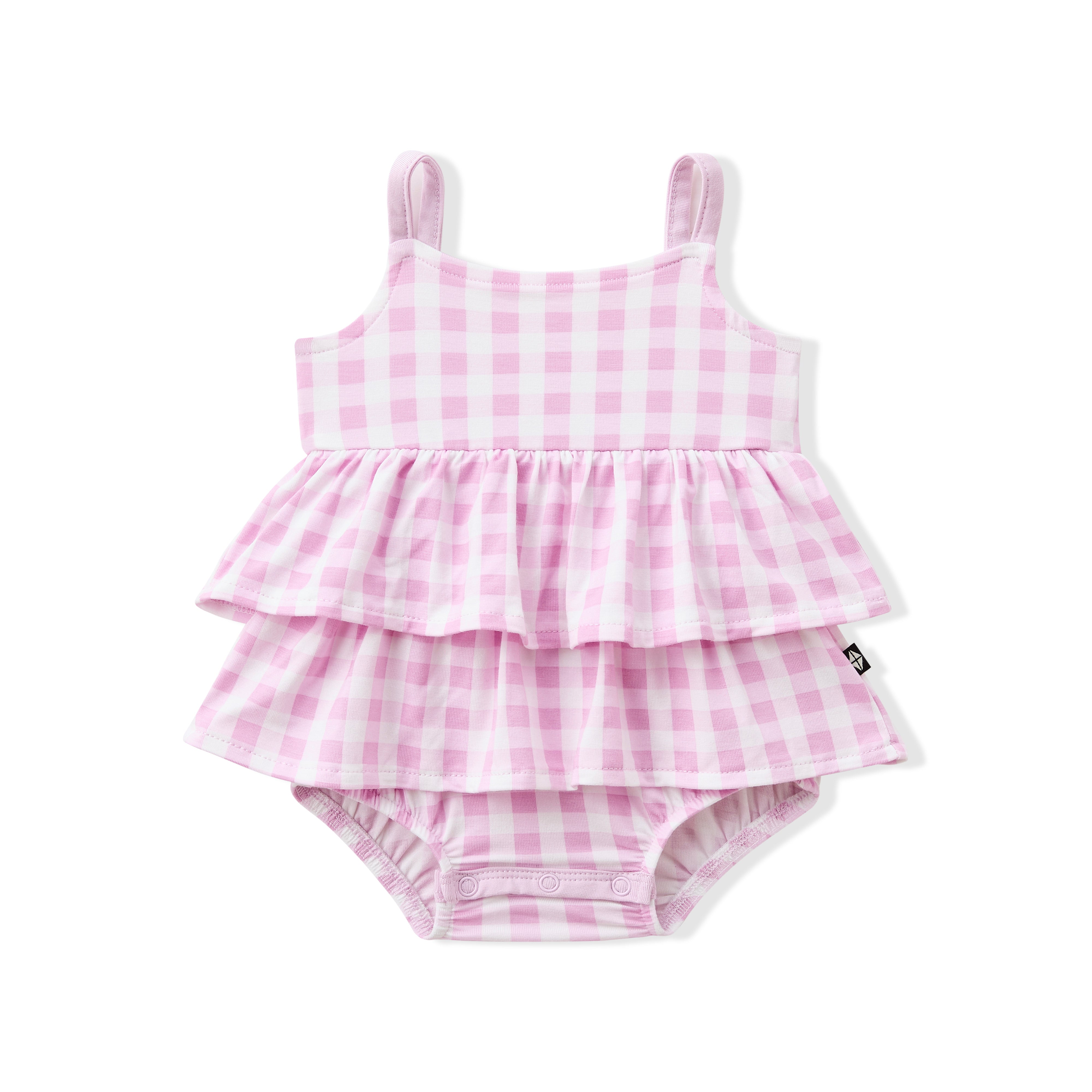 Product photo of the Spaghetti Strap Ruffle Romper in Gingham Thistle on a white surface