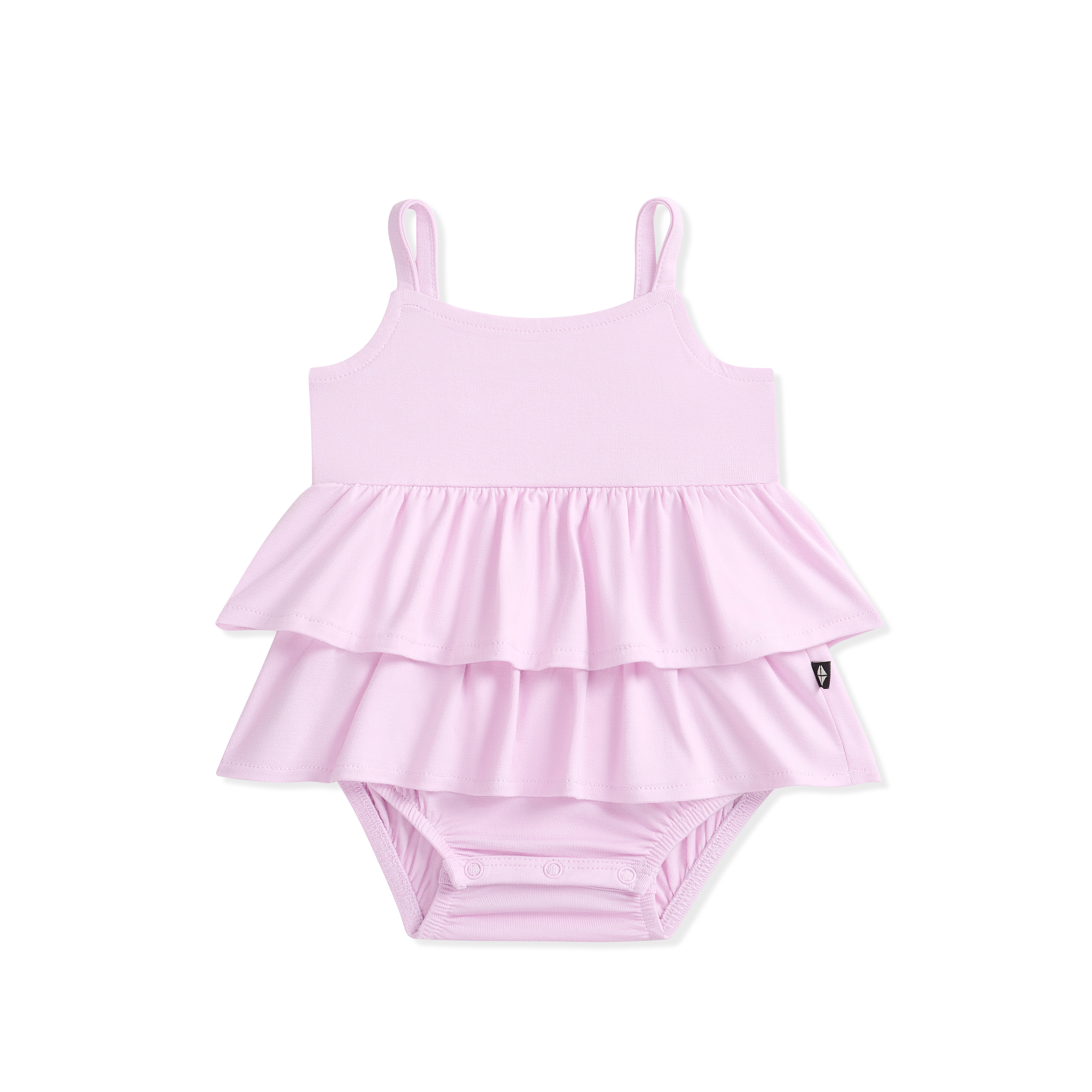 Purple baby bodysuit dress with ruffled layers on a white background