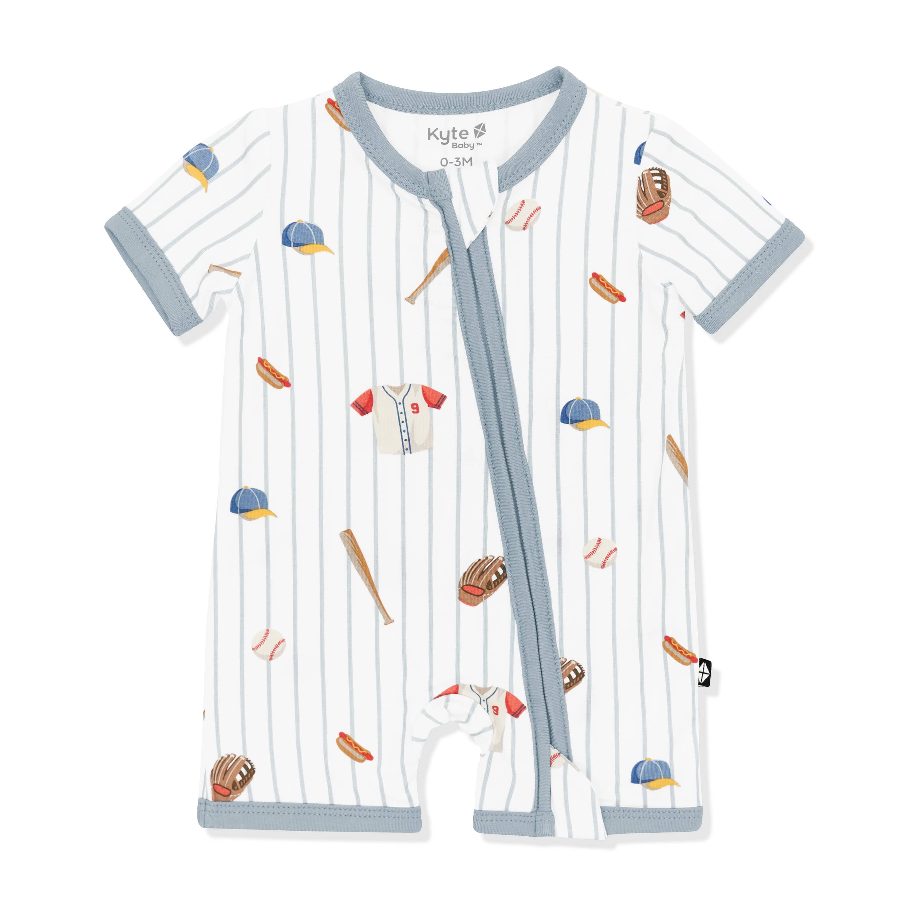 Zipper Shortall Romper in Home Run shown on a white surface