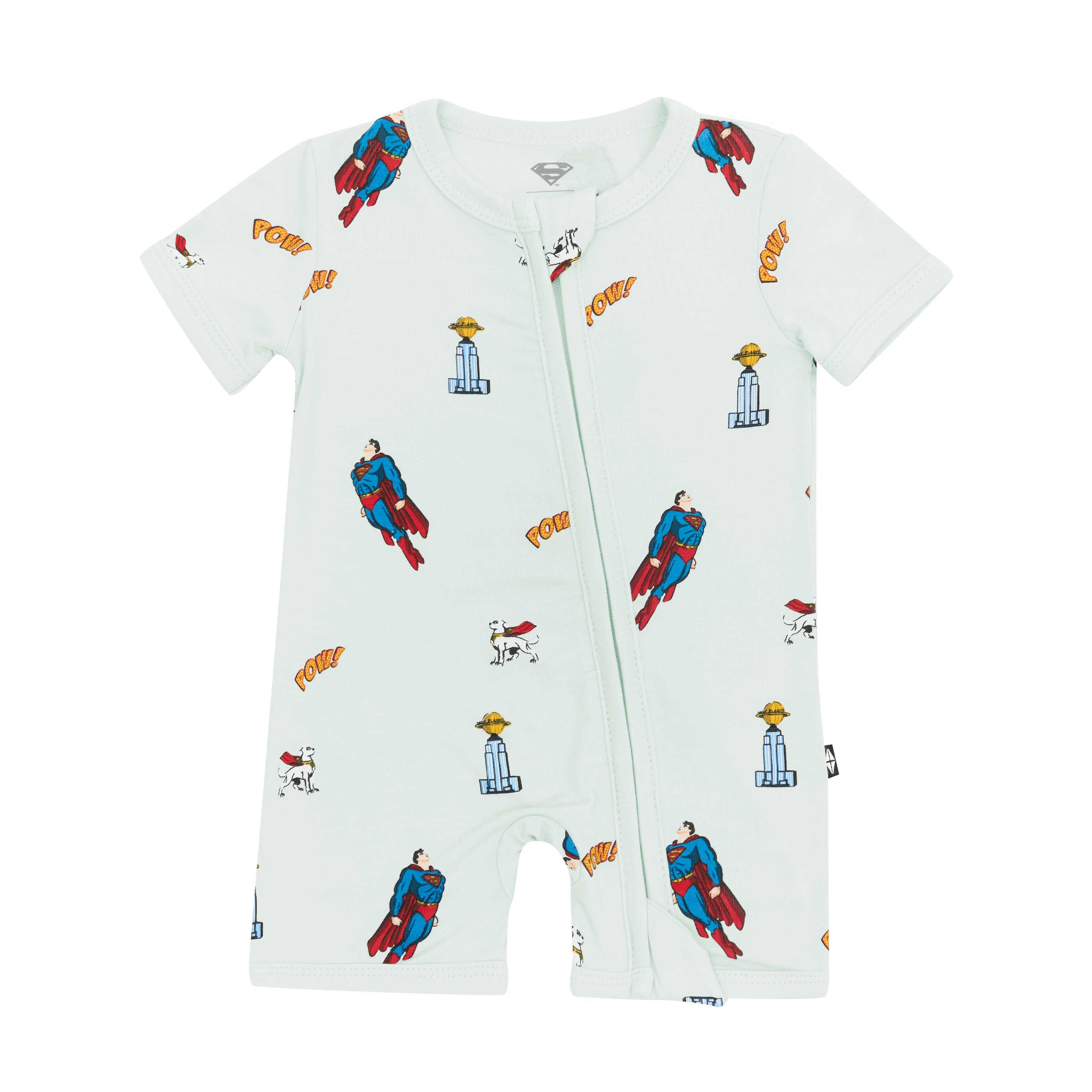 Kyte Baby's Zipper Shortall Romper in Superman™