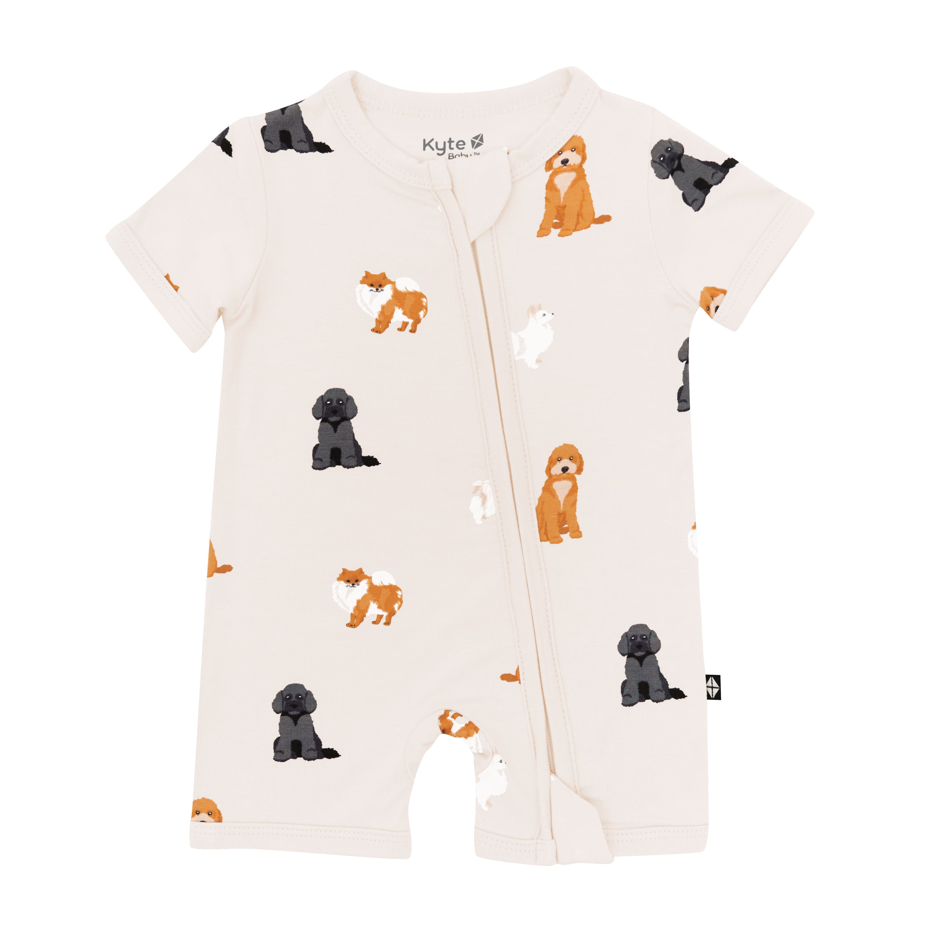Kyte Baby's Zippered Shortall Romper in Fluffy Dog