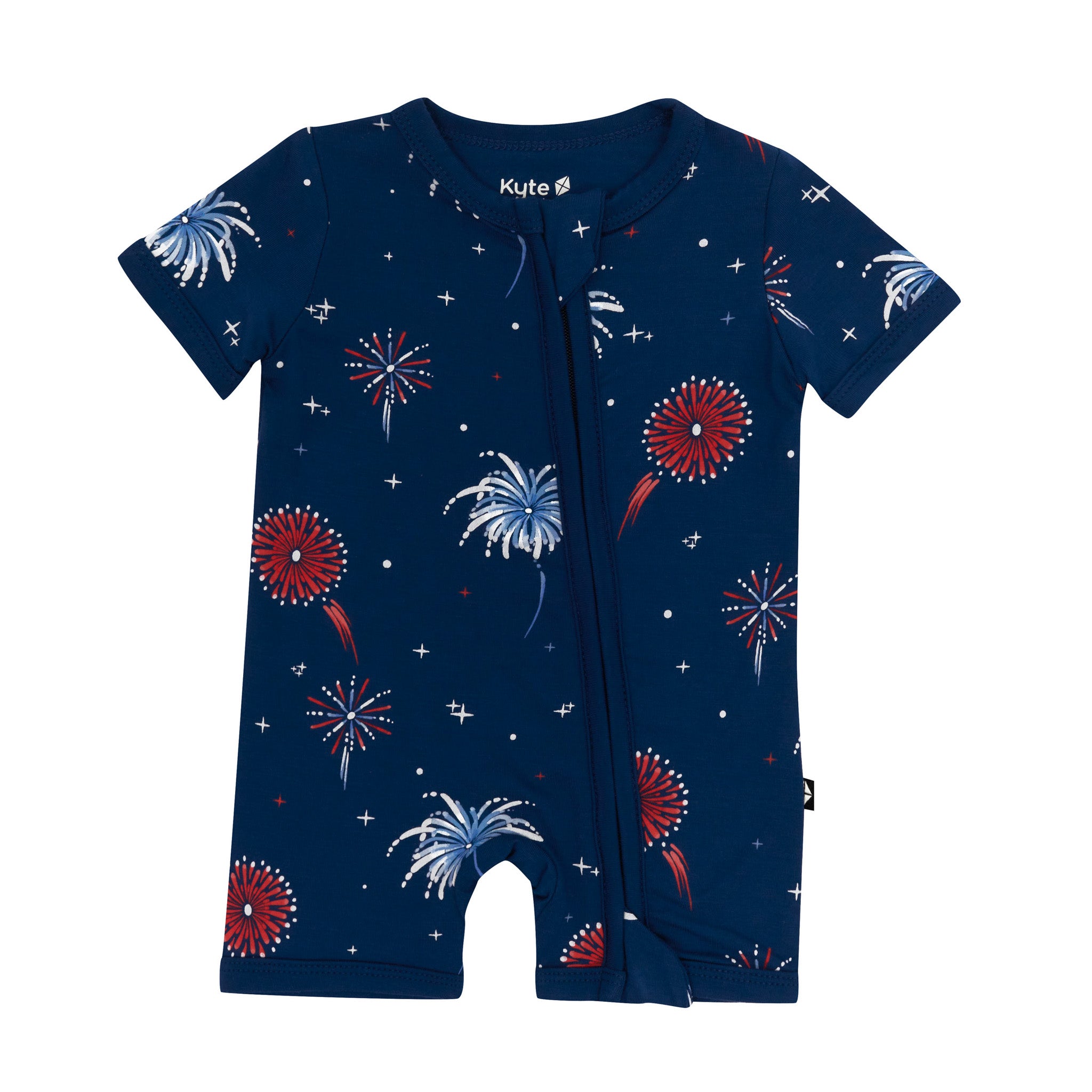 Kyte Baby's Zippered Shortall Romper in Celebration