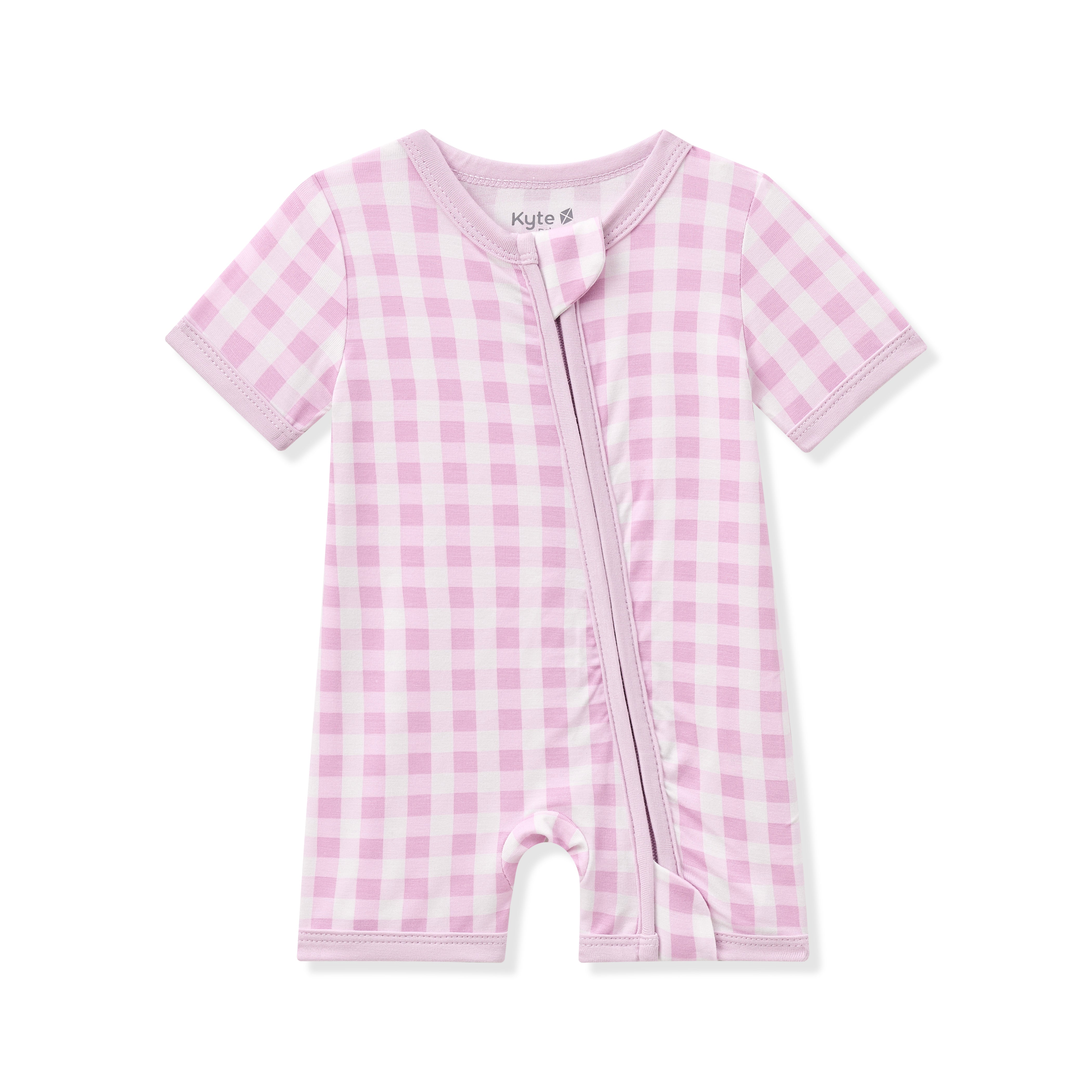 Product photo of the Zipper Shortall Romper in Gingham Thistle