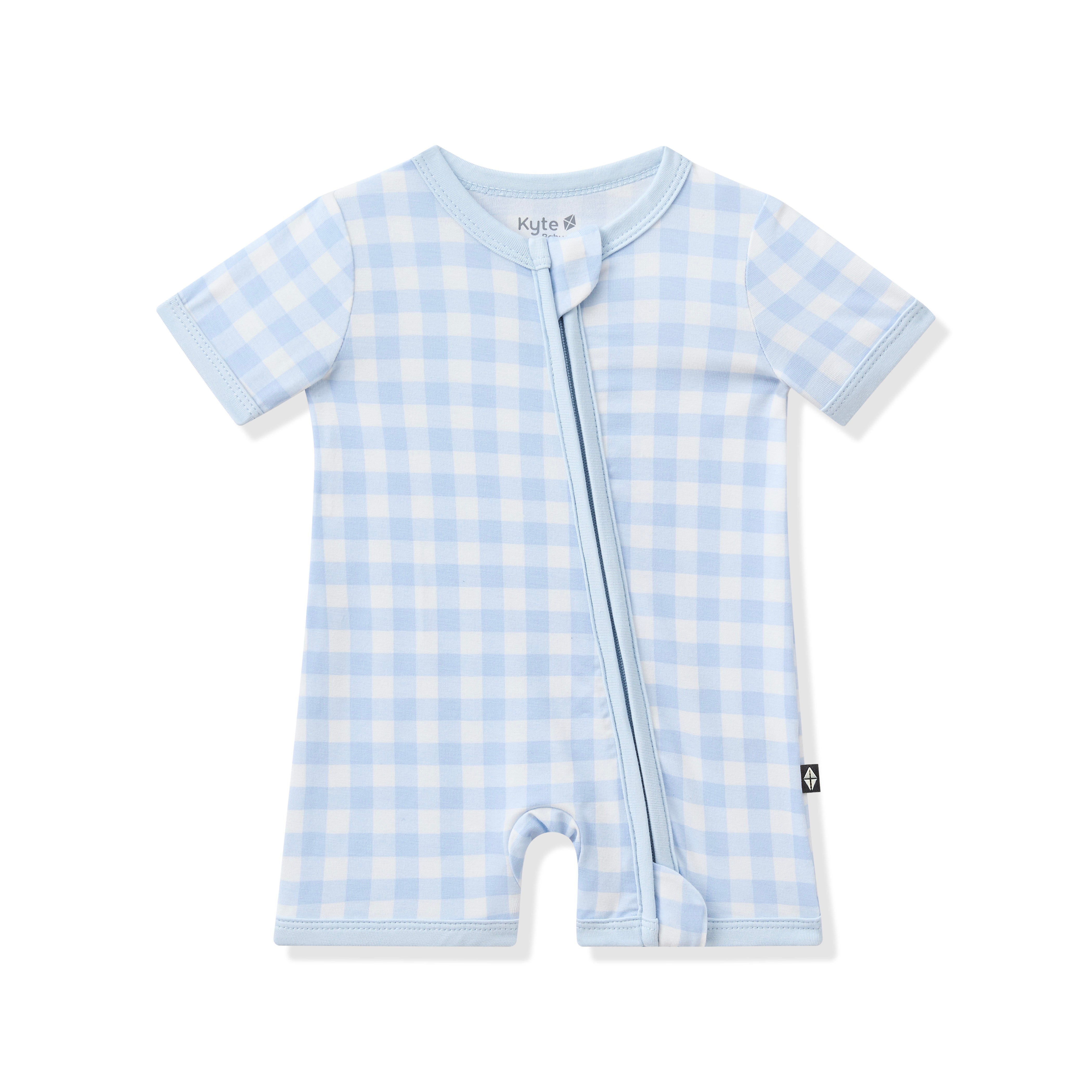 Product photo of the Zipper Shortall Romper in Gingham Breeze